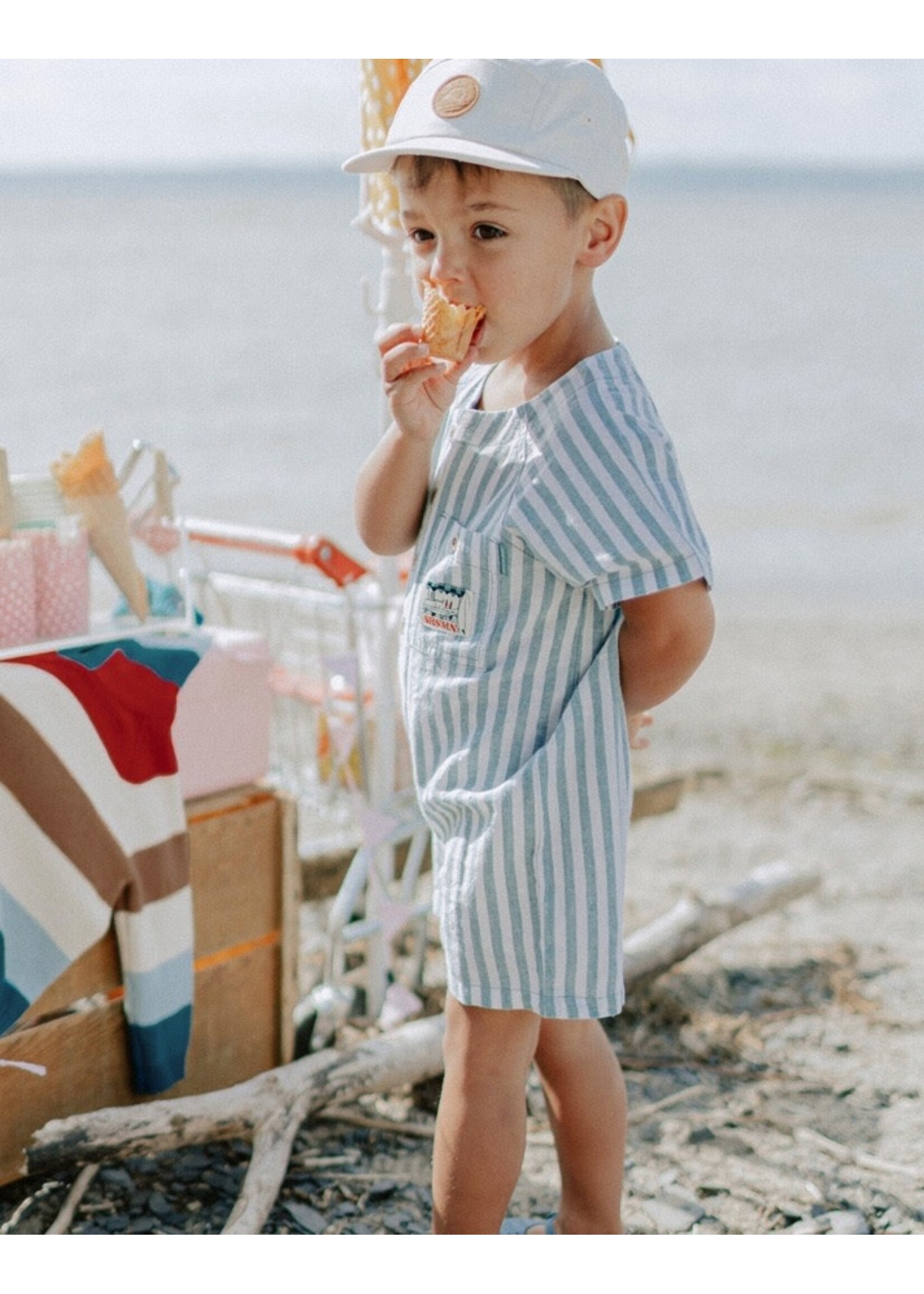 Souris Mini Souris Mini, Striped Short Sleeve Romper || Blue / Cream