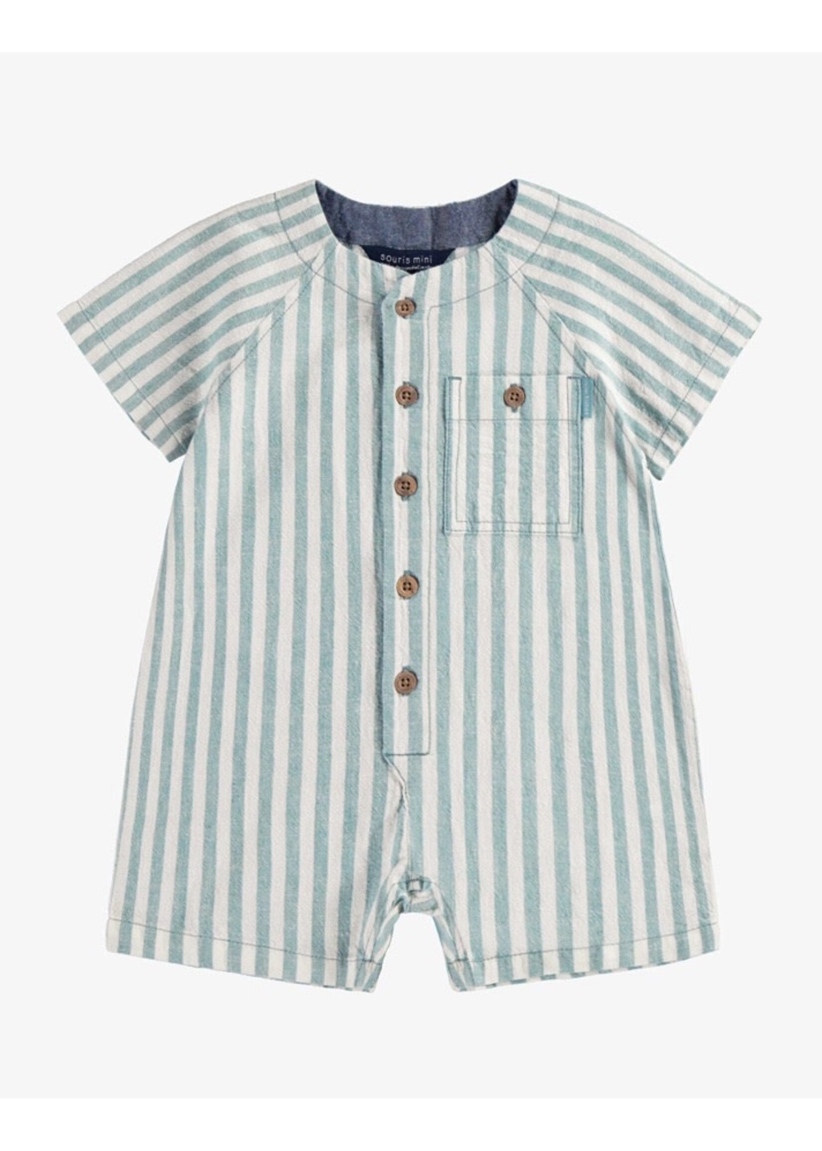 Souris Mini Souris Mini, Striped Short Sleeve Romper || Blue / Cream