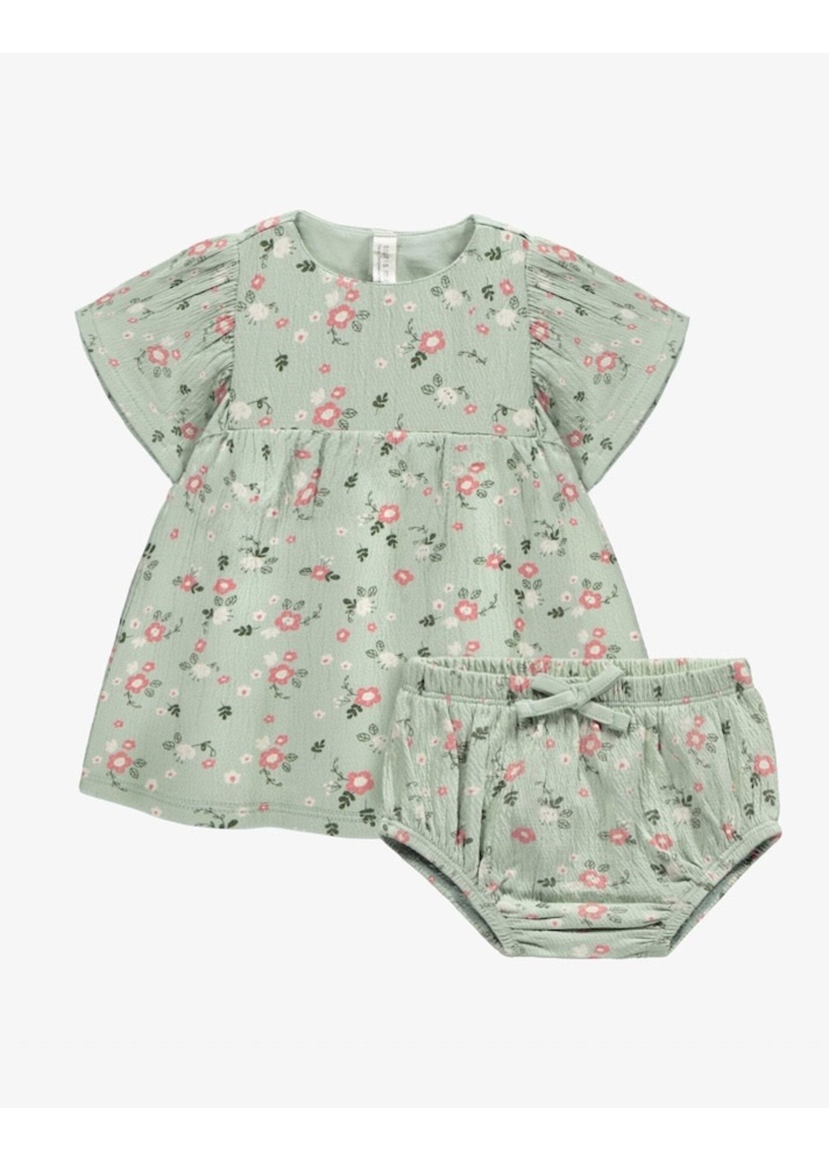 Souris Mini Souris Mini, Florwer Print Short Sleeve Organic Baby Dress || Light Green