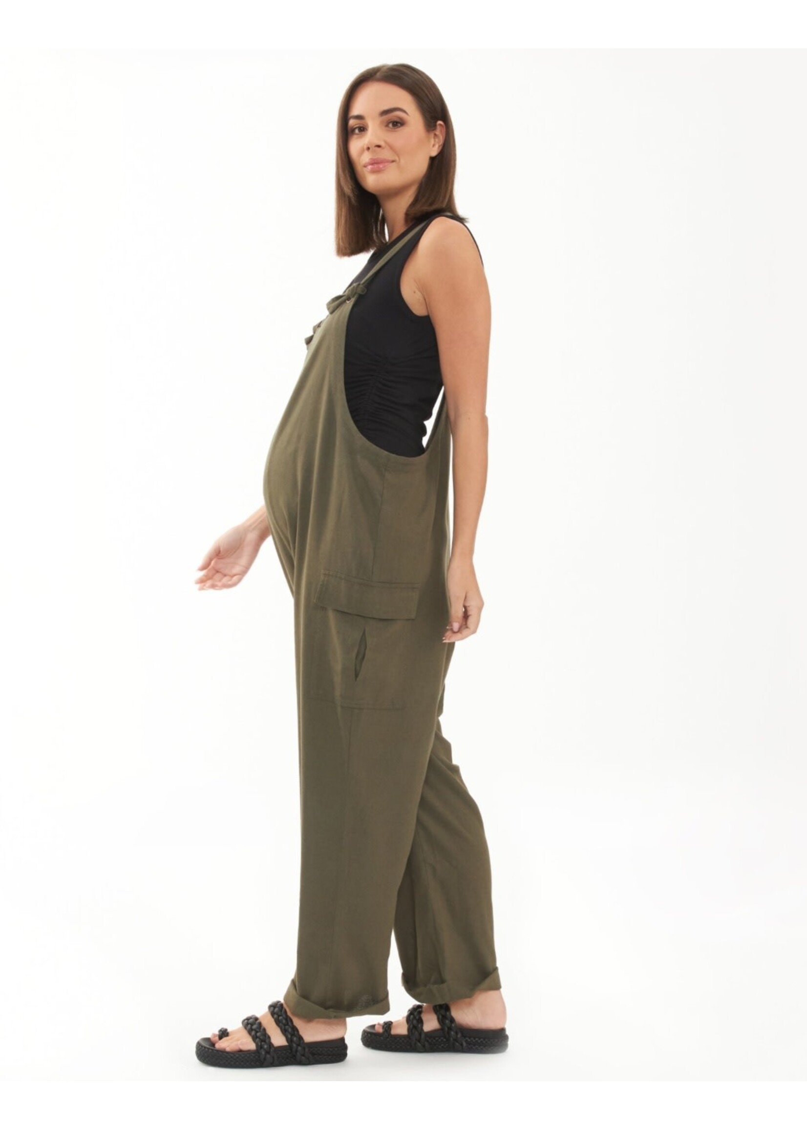 Ripe Maternity Ripe Maternity, Cargo Pocket Linen Jumpsuit || Olive