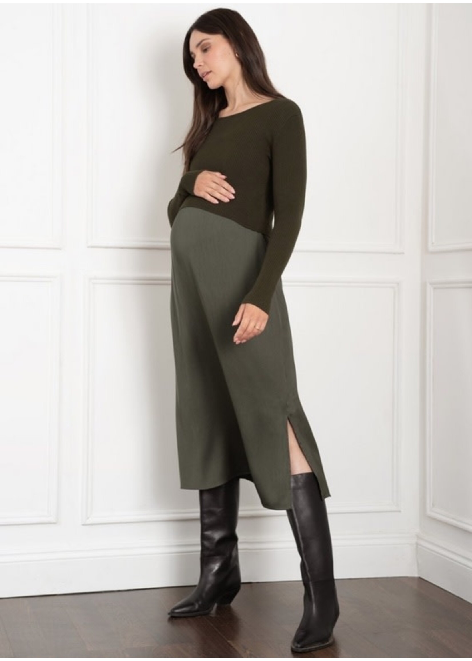 Seraphine Seraphine, Ellis Knit Top with Woven Maternity & Nursing Slip Dress || Green