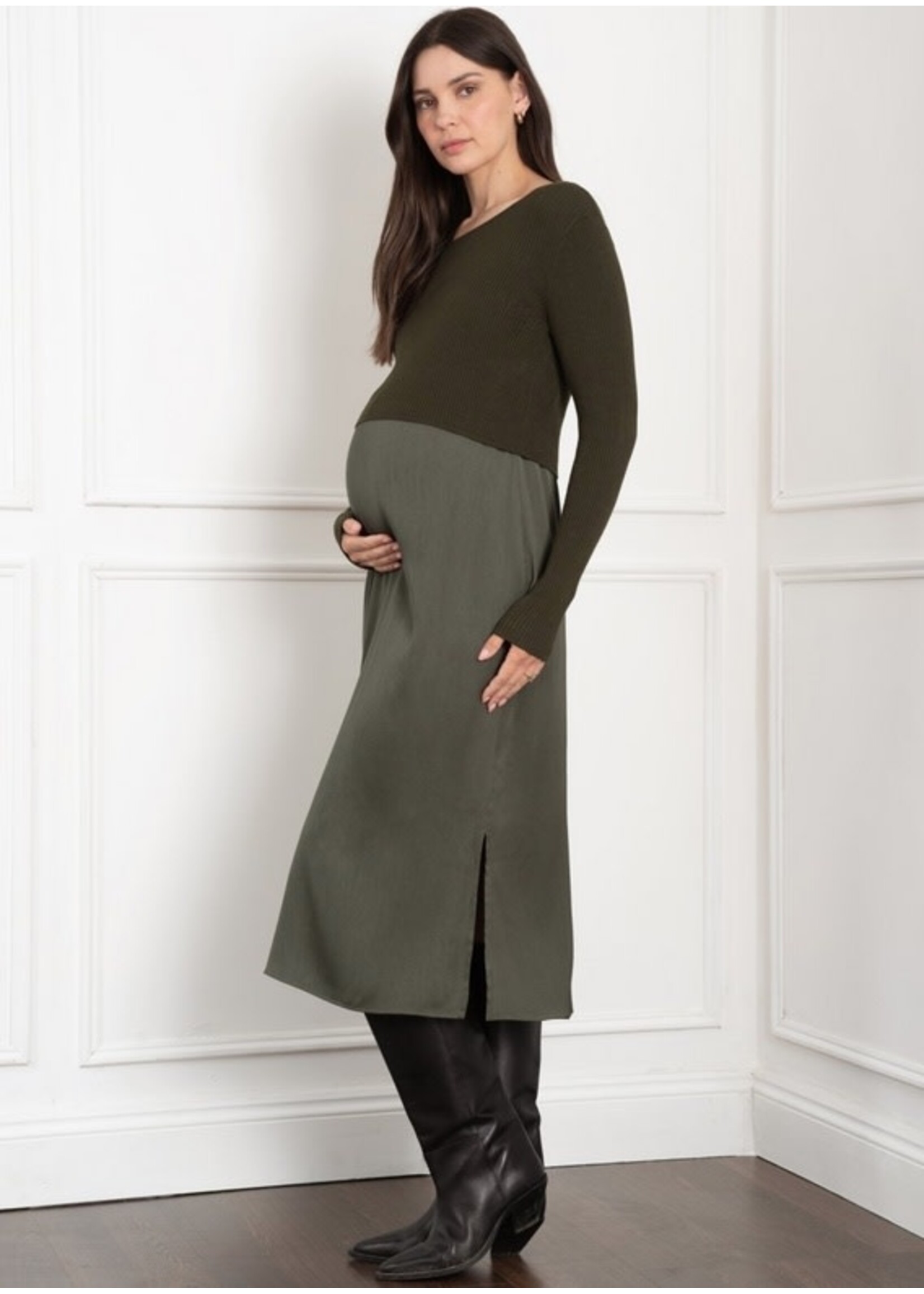Seraphine Seraphine, Ellis Knit Top with Woven Maternity & Nursing Slip Dress || Green