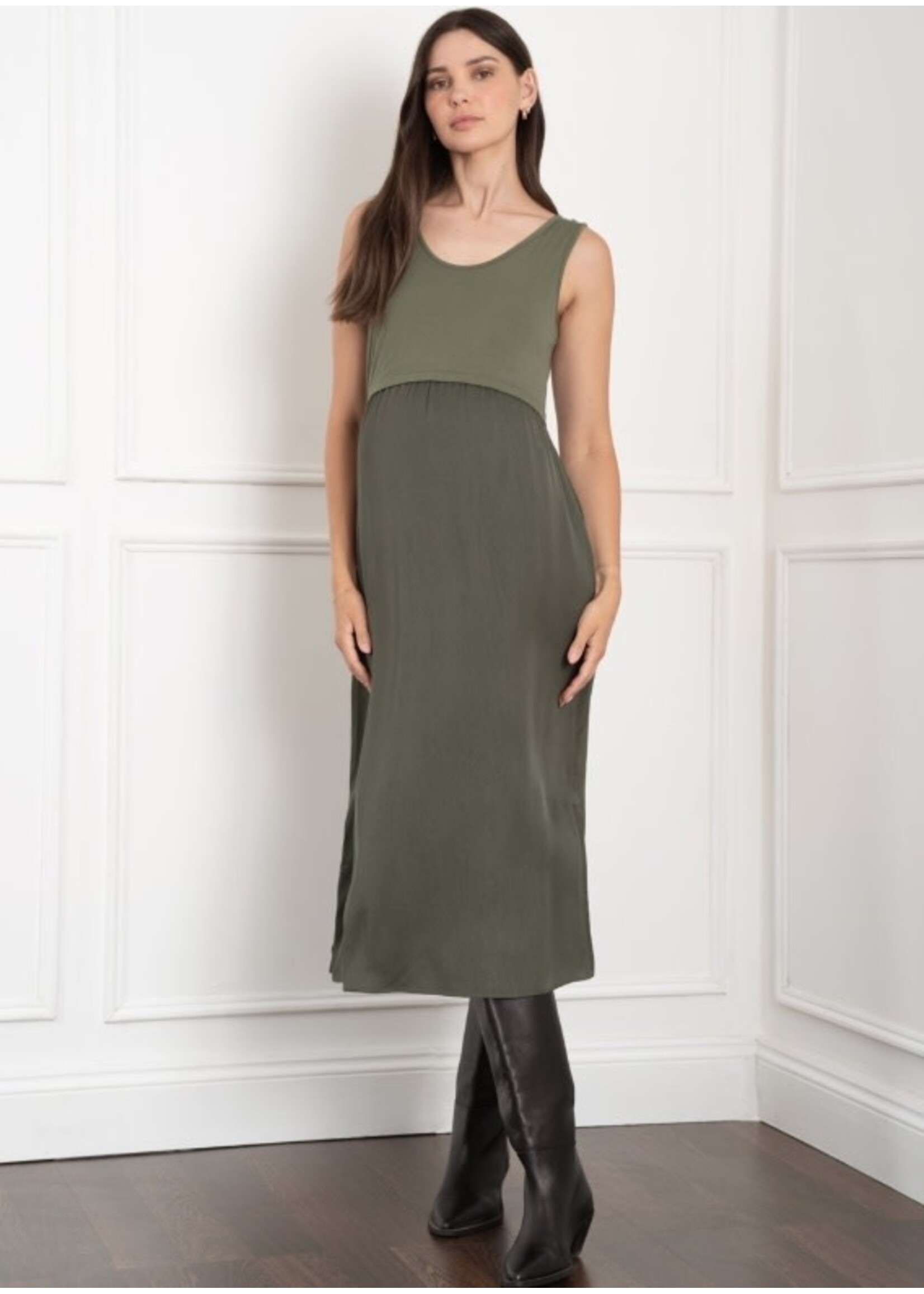 Seraphine Seraphine, Ellis Knit Top with Woven Maternity & Nursing Slip Dress || Green