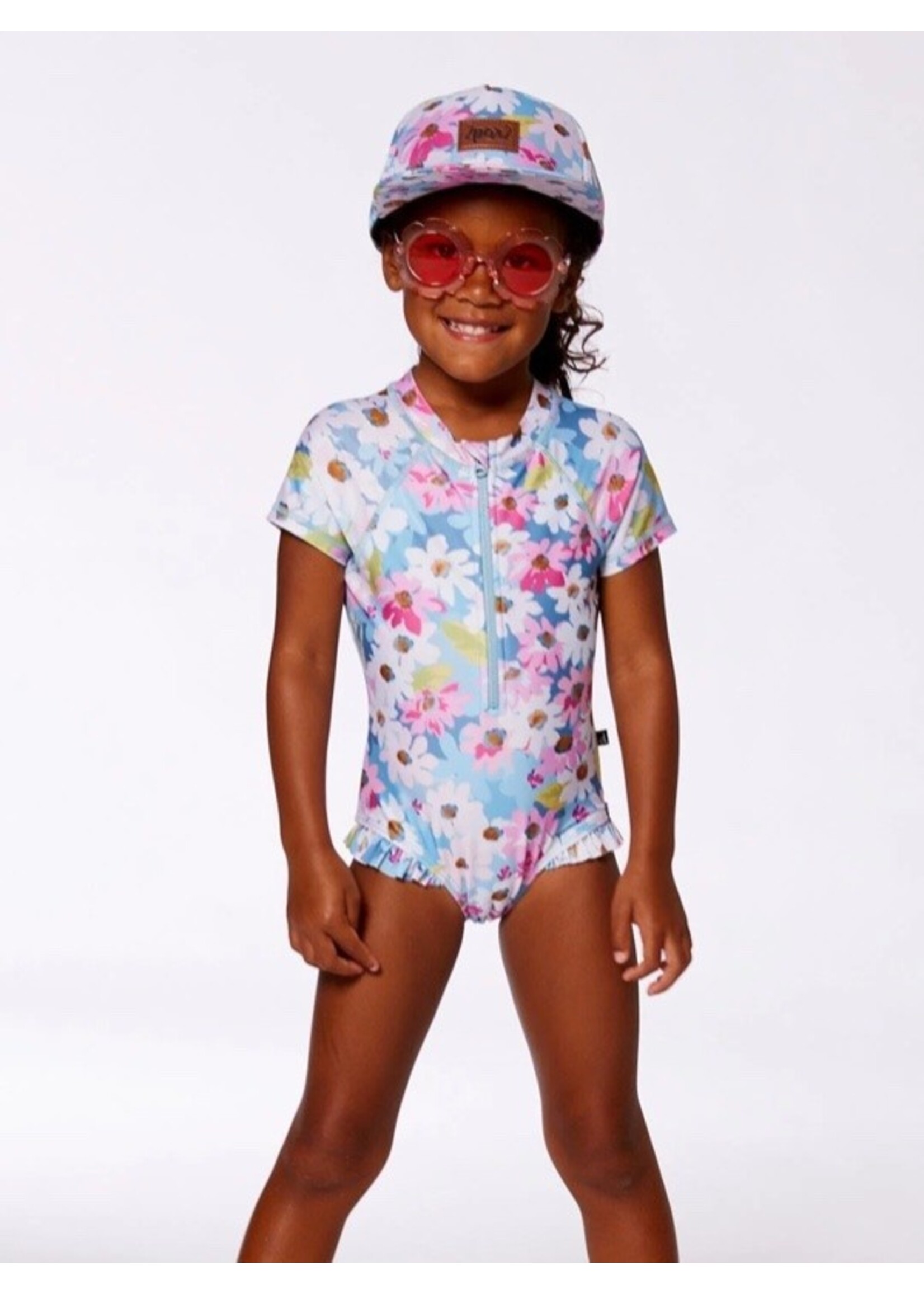 Deux Par Deux Deux Par Deux, Short Sleeve Frill One-Piece Swimsuit || Floral Print