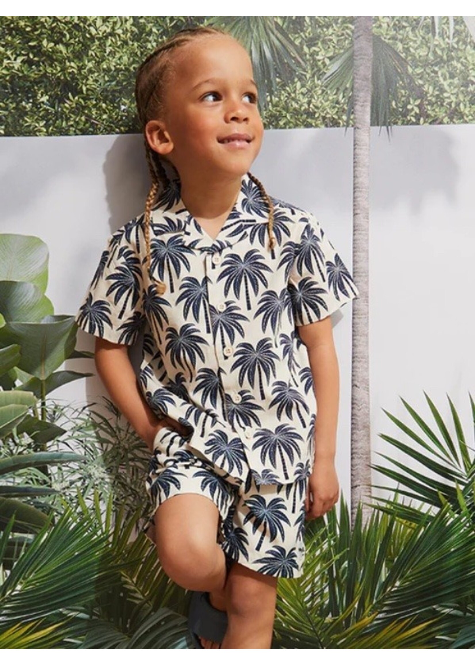 Miles the Label Miles Baby, Palm Tree Viscose Blend Camp Shirt || Beige