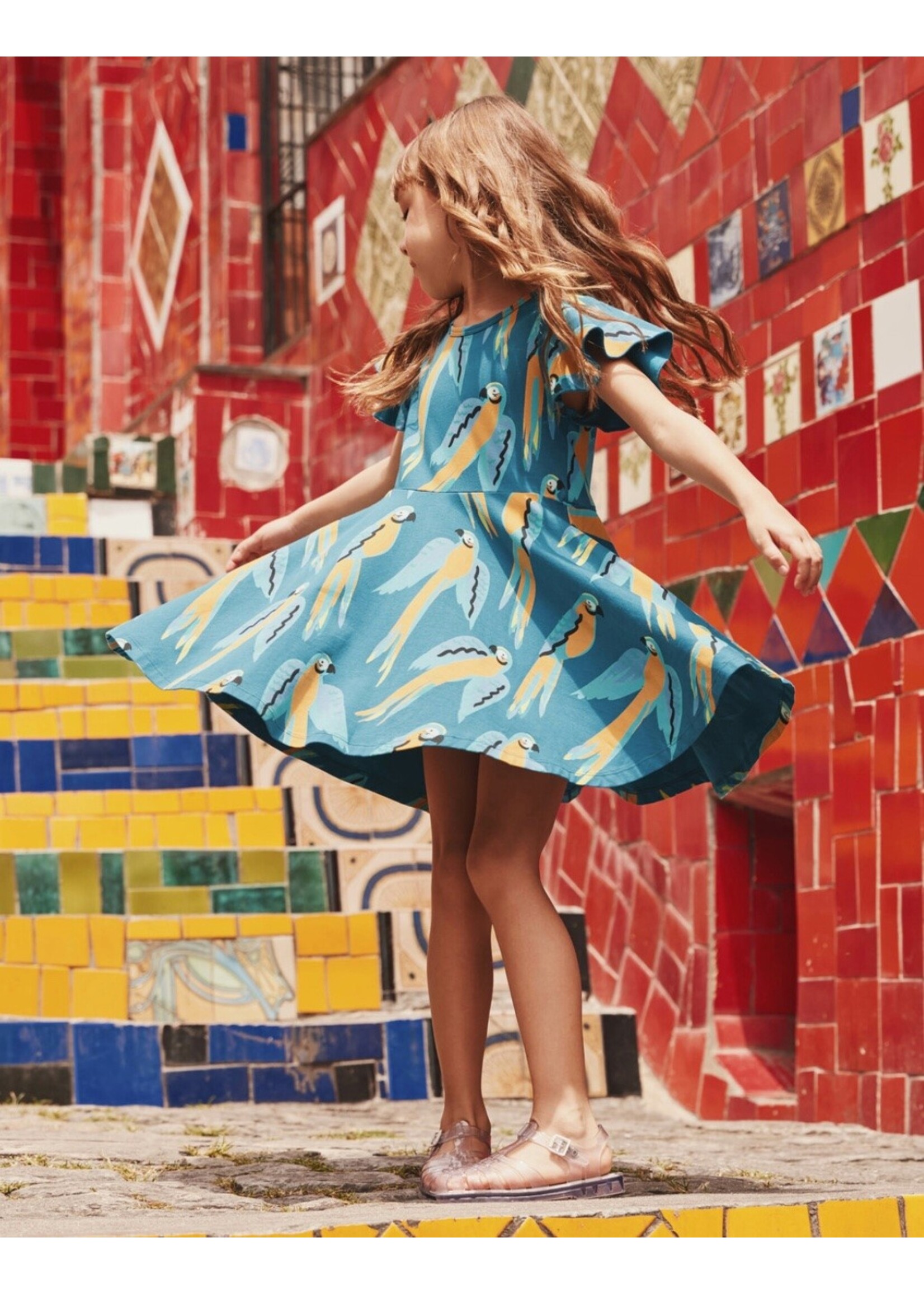 Tea Collection Tea Collection,  Flutter Sleeve Twirl Dress || Blue & Yellow Macaws
