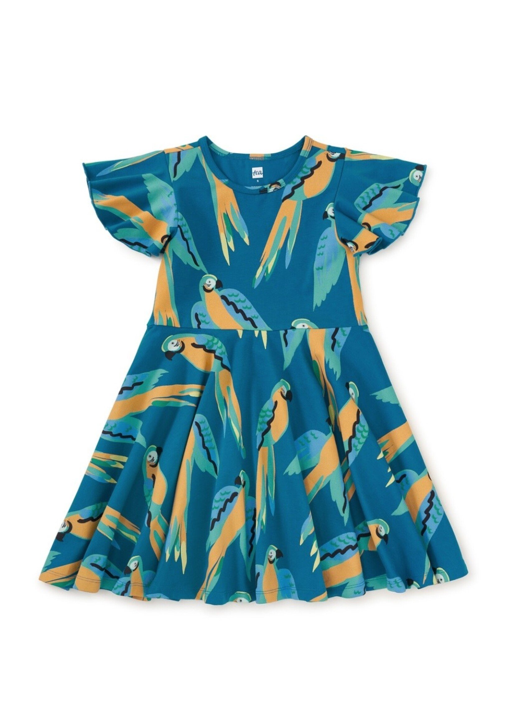 Tea Collection Tea Collection,  Flutter Sleeve Twirl Dress || Blue & Yellow Macaws
