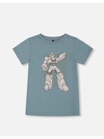 Deux Par Deux Deux Par Deux, Robot Organic Cotton Graphic Tee || Grayish Teal