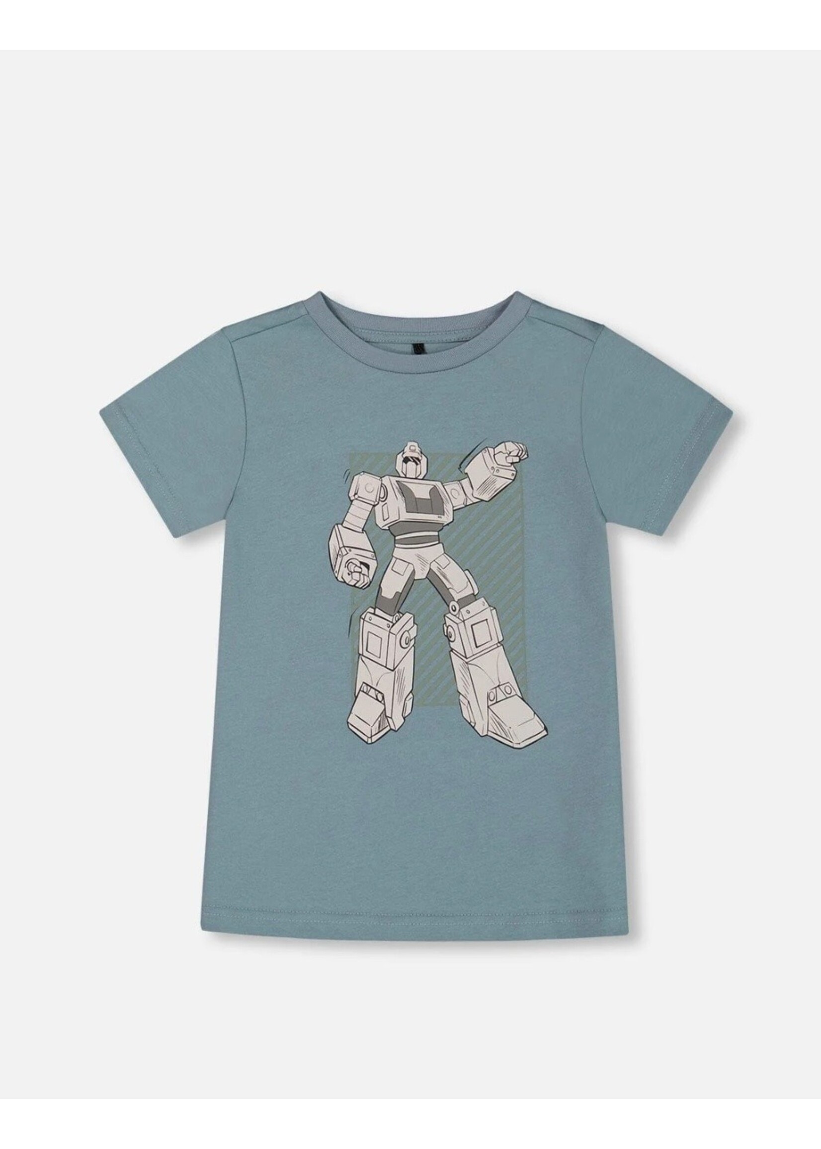 Deux Par Deux Deux Par Deux, Robot Organic Cotton Graphic Tee || Grayish Teal