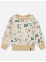 Deux Par Deux Deux Par Deux, Palm Tree Print Pullover Sweatshirt || Beige / Teal