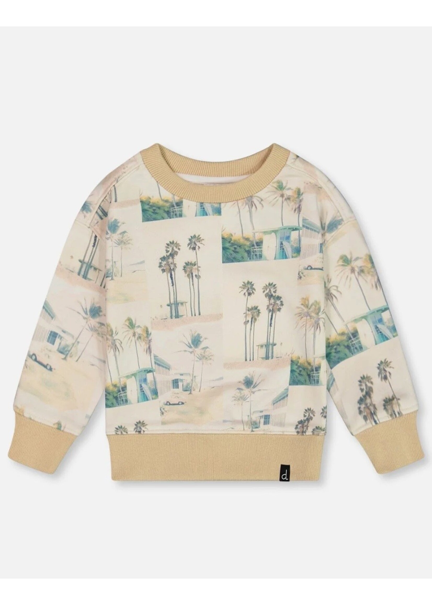 Deux Par Deux Deux Par Deux, Palm Tree Print Pullover Sweatshirt || Beige / Teal