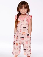 Deux Par Deux Deux Par Deux, Printed French Terry Overalls || Pink And Coral Houses