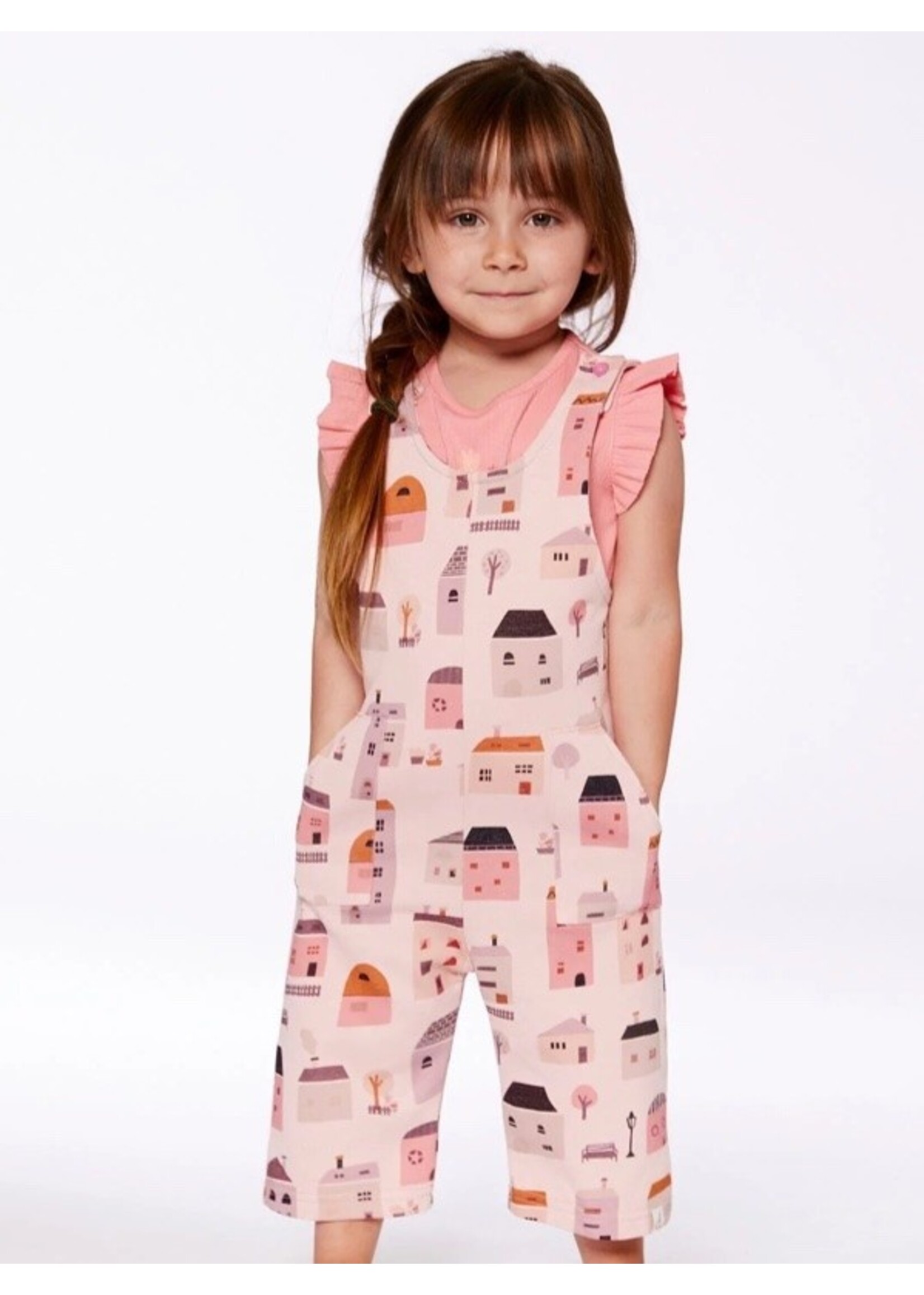 Deux Par Deux Deux Par Deux, Printed French Terry Overalls || Pink And Coral Houses