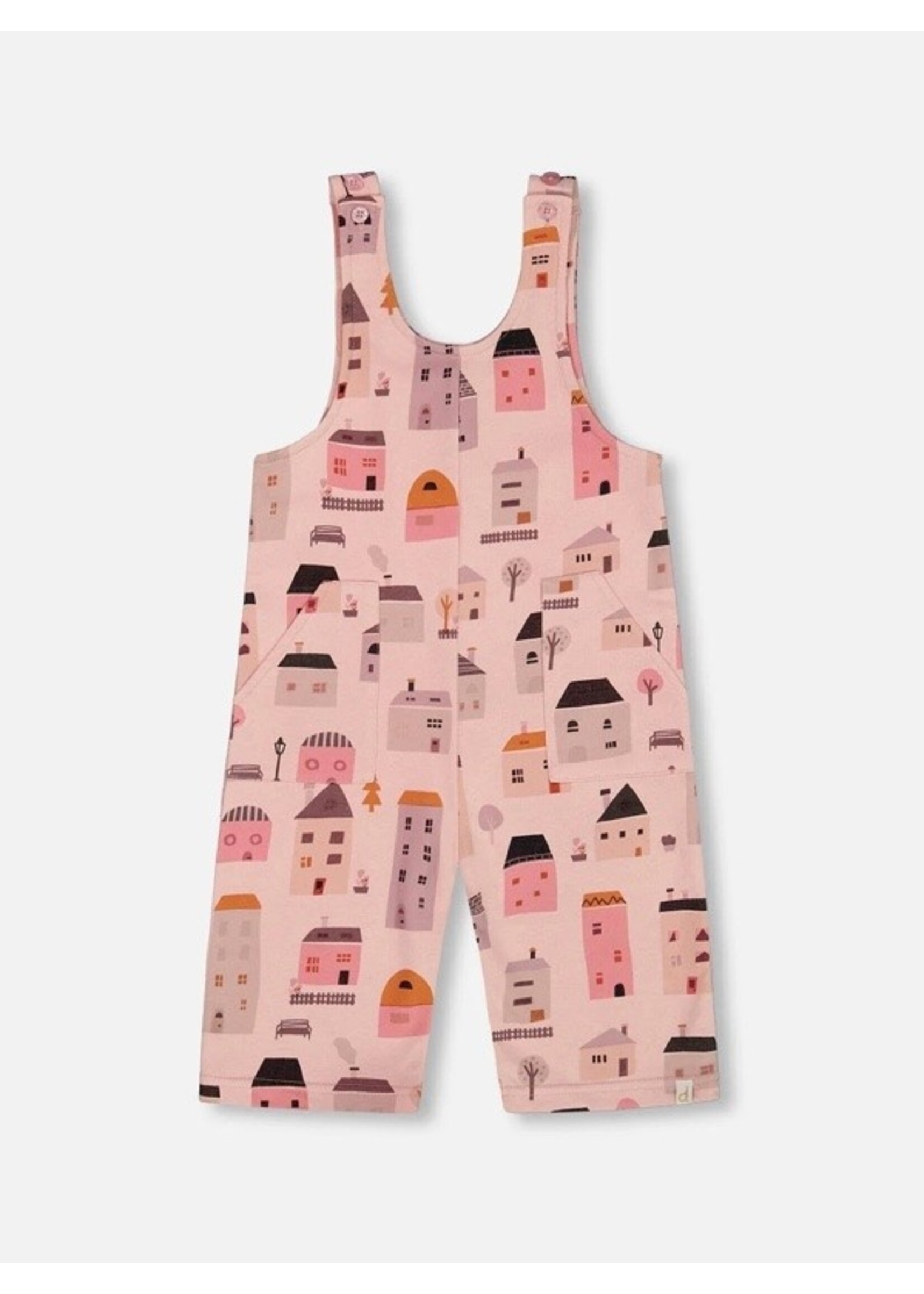 Deux Par Deux Deux Par Deux, Printed French Terry Overalls || Pink And Coral Houses