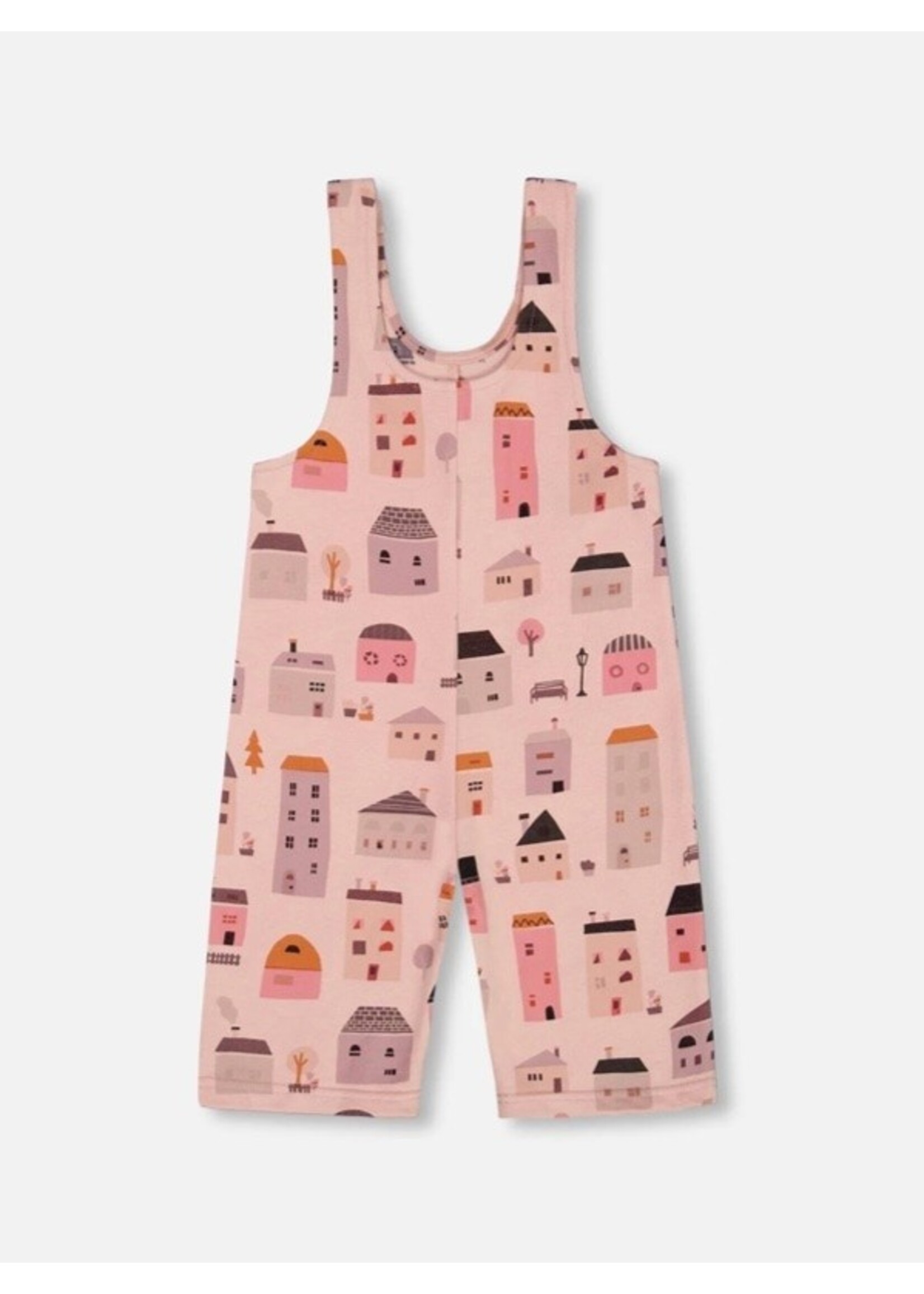Deux Par Deux Deux Par Deux, Printed French Terry Overalls || Pink And Coral Houses