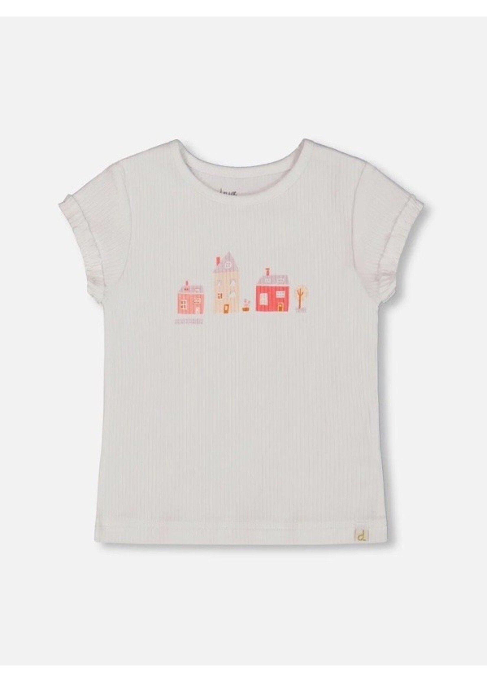 Deux Par Deux Deux Par Deux, Pink House Print Flat Back Rib Top || White