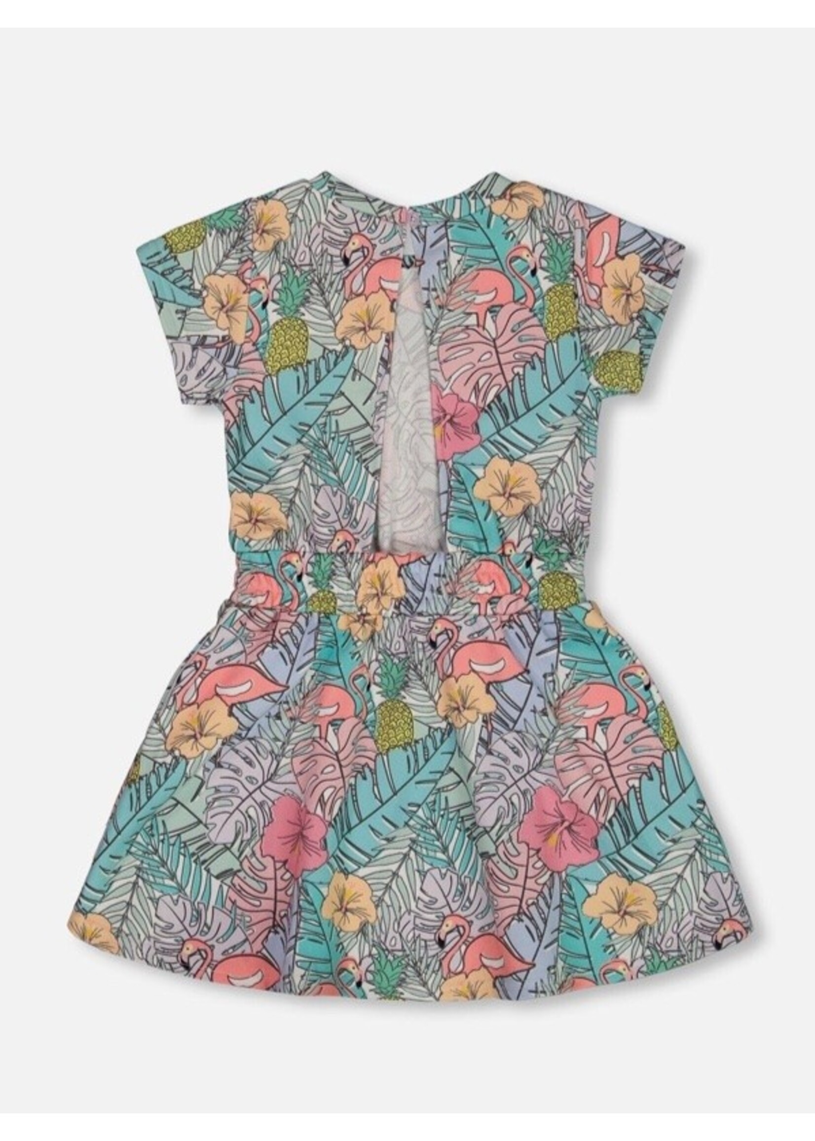 Deux Par Deux Deux Par Deux, Printed French Terry Dress || Lilac Tropical And Pink Flamingos