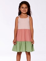 Deux Par Deux Deux Par Deux, Tiered Color Block Peasant Dress || Peach Pink And Green