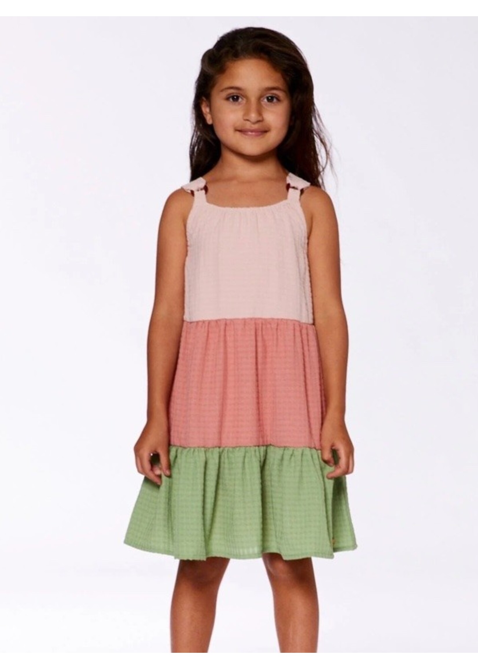 Deux Par Deux Deux Par Deux, Tiered Color Block Peasant Dress || Peach Pink And Green