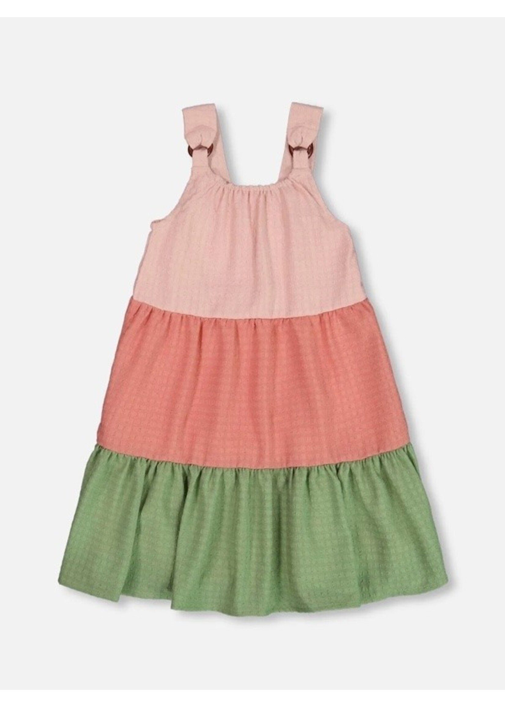 Deux Par Deux Deux Par Deux, Tiered Color Block Peasant Dress || Peach Pink And Green