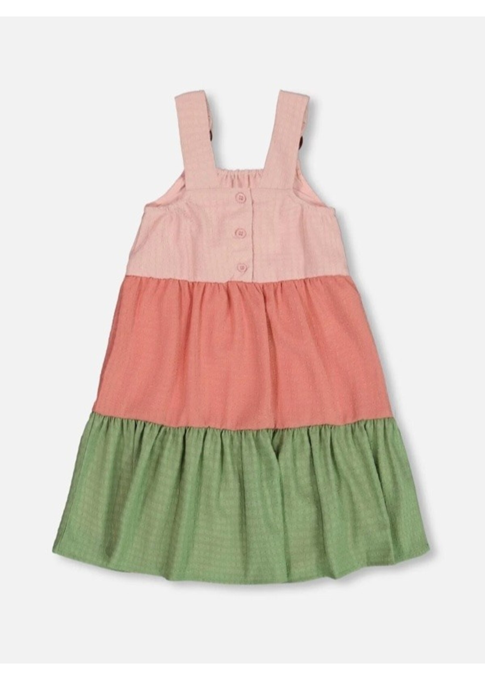 Deux Par Deux Deux Par Deux, Tiered Color Block Peasant Dress || Peach Pink And Green