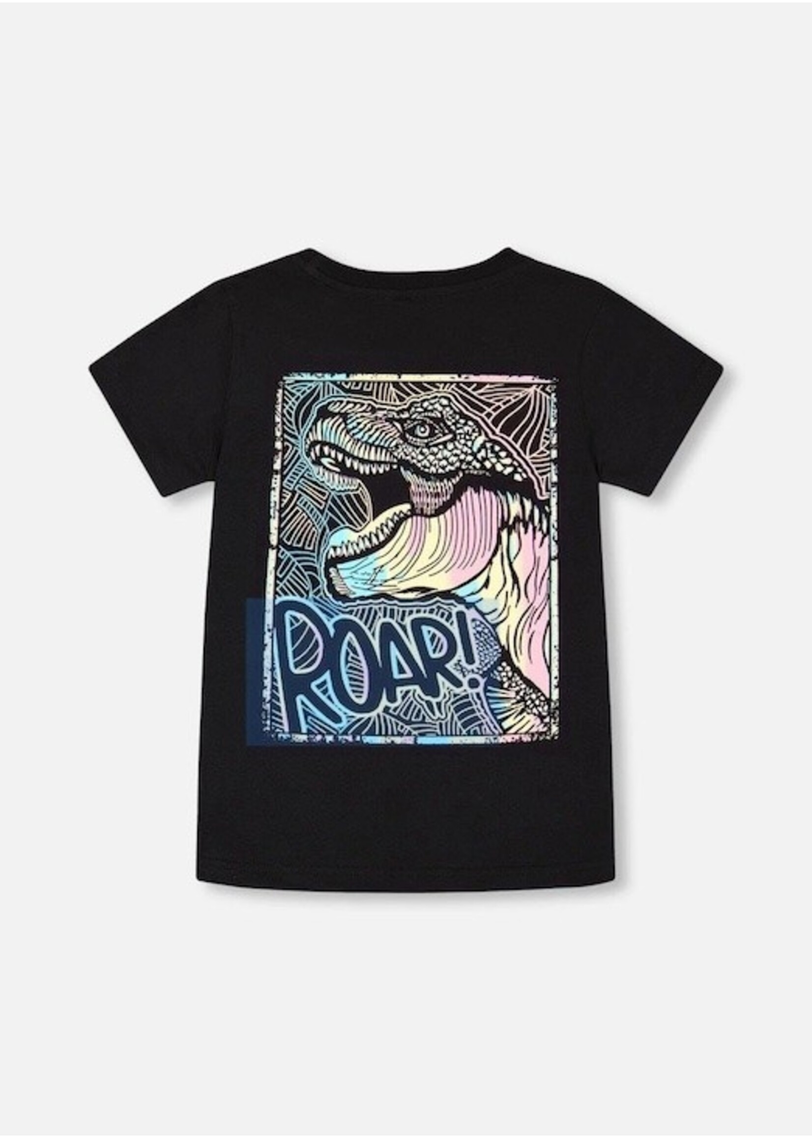 Deux Par Deux Deux Par Deux, Dino Print Organic Cotton Graphic Tee || Black Multicolored