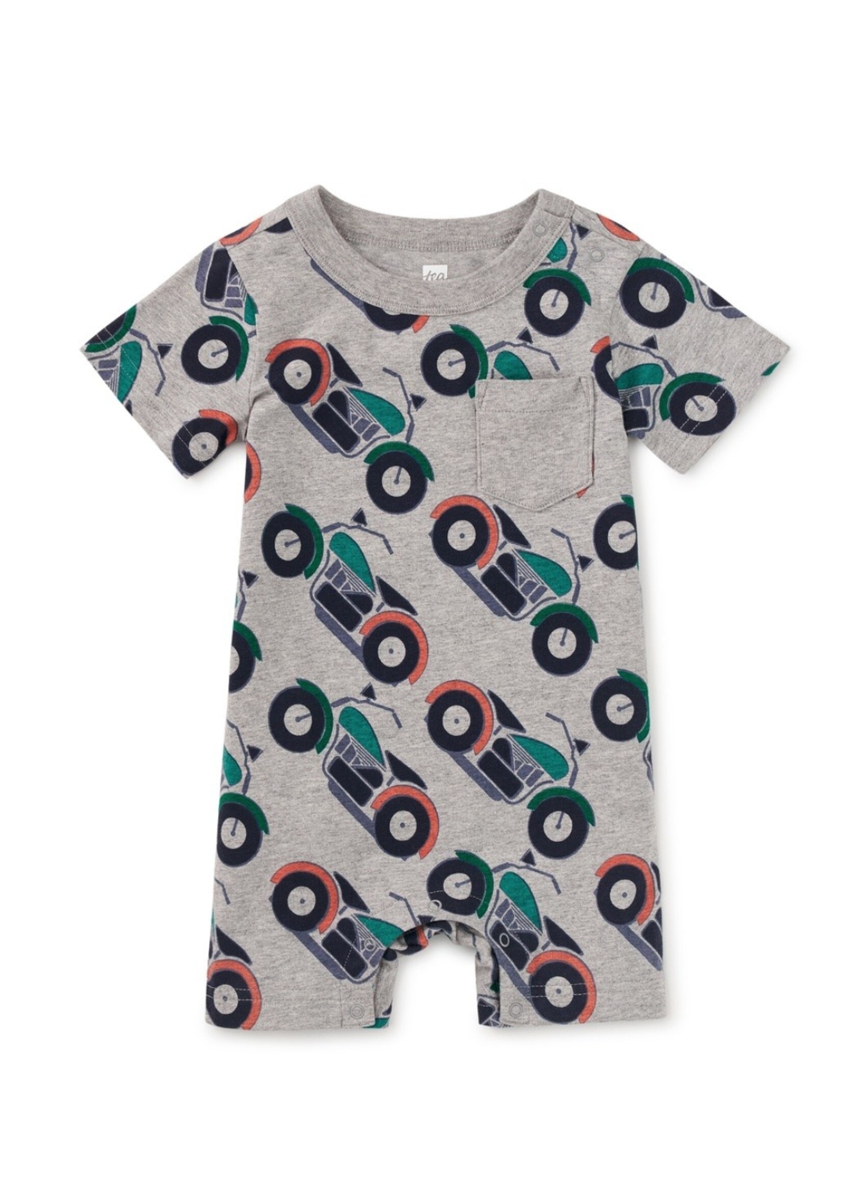 Tea Collection Tea Collection, Motocicleta Print Pocket Shortie Baby Romper || Heather Grey