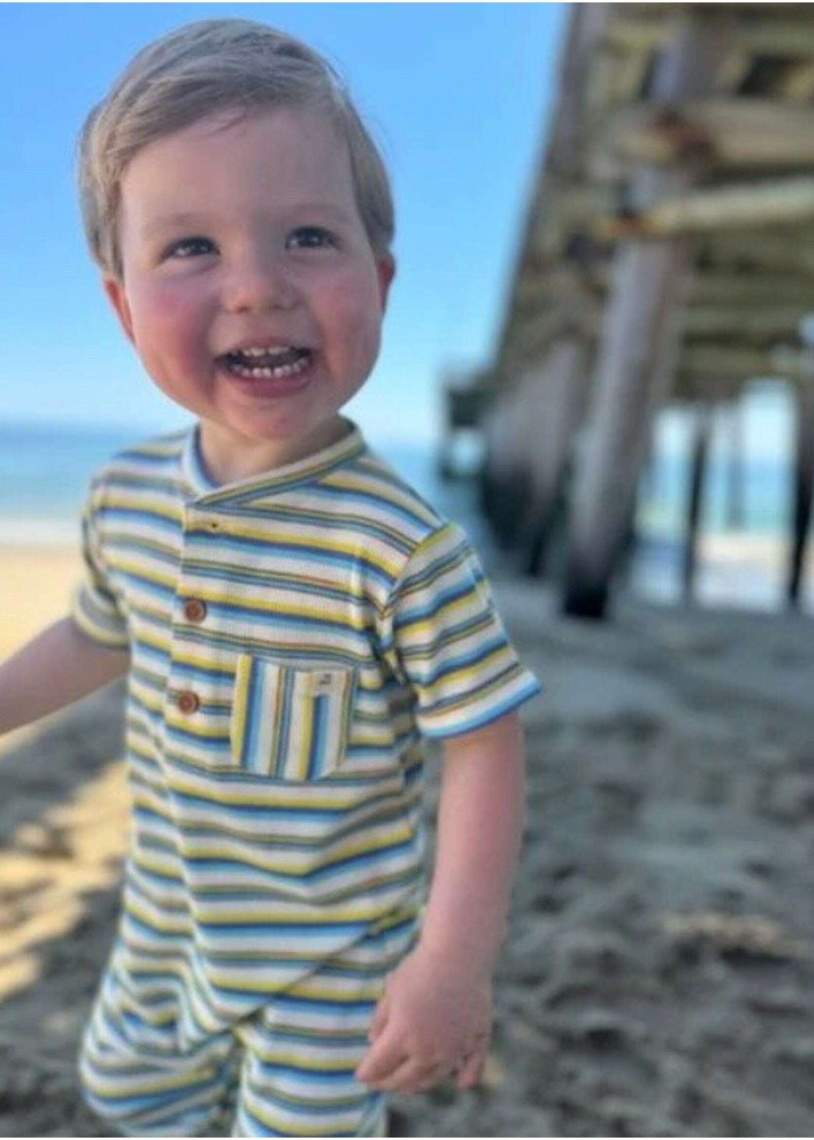 Me & Henry Me & Henry, Me & Henry, Camborne Henley Stripe Romper || Yellow / Blue