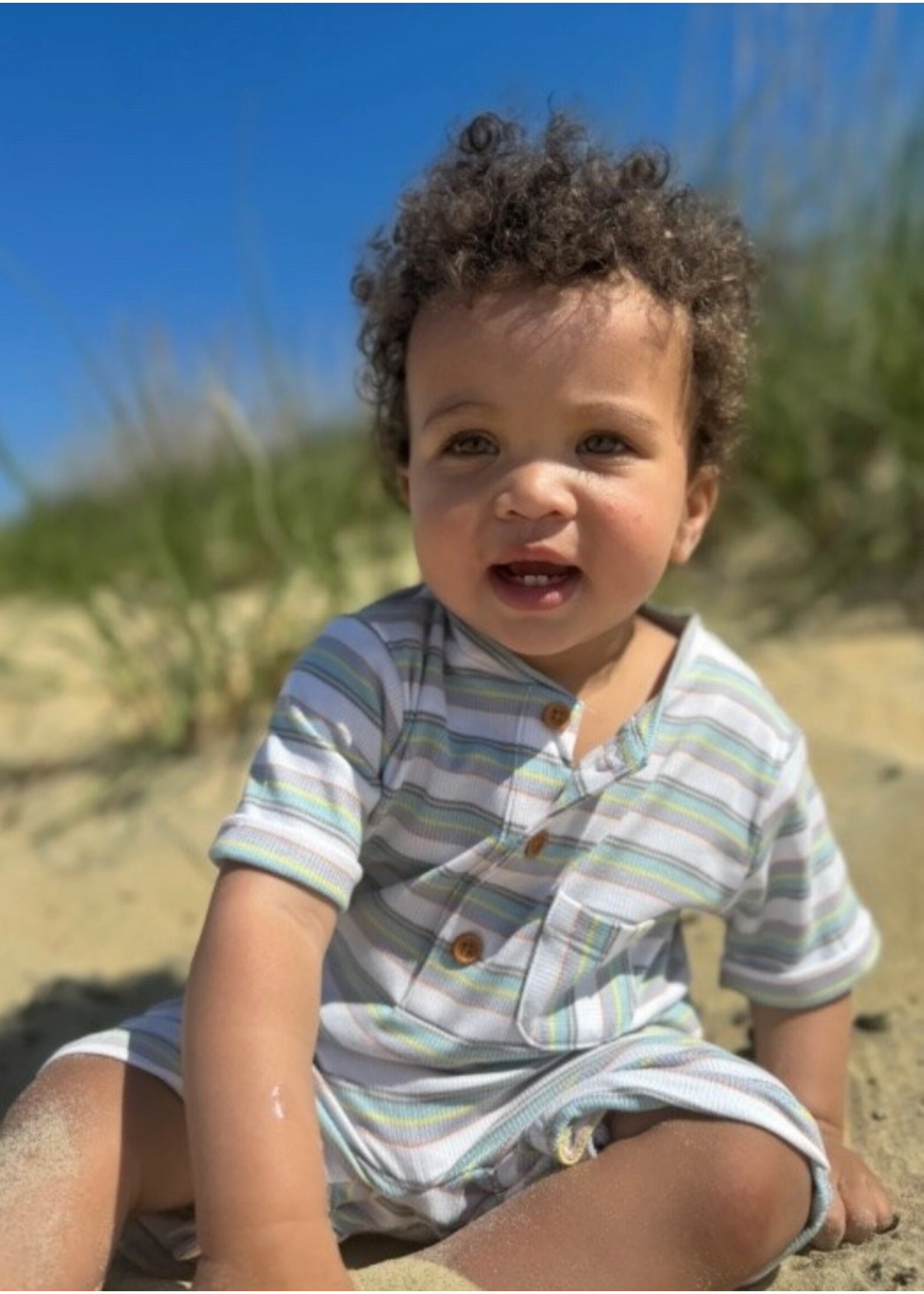 Me & Henry Me & Henry, Camborne Henley Stripe Romper || Grey / White
