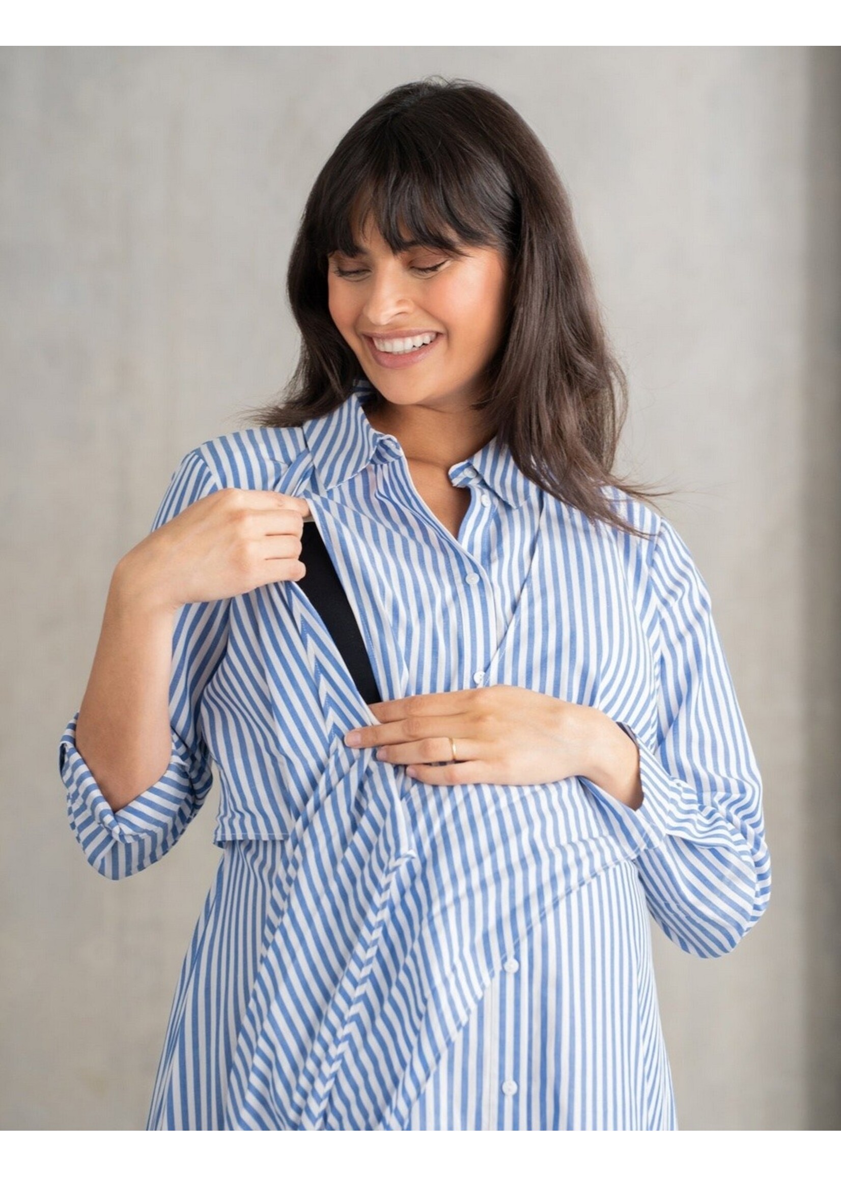 Seraphine Seraphine, Ariadne, Cotton & Lyocell Maternity & Nursing Stripe Shirt Dress || Blue /  White