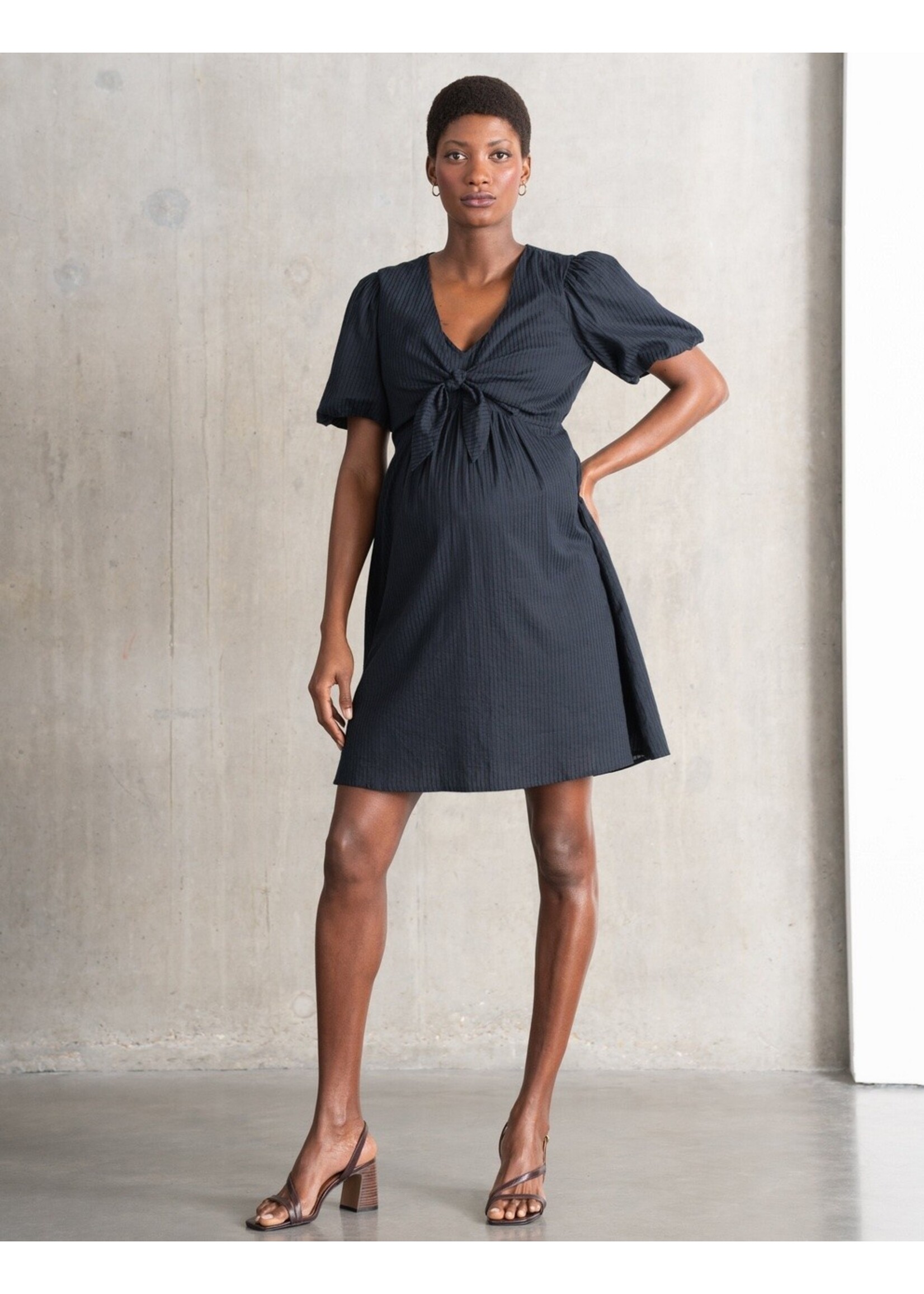 Seraphine Seraphine,  Aviana, Striped Bow Detail Textured Maternity & Nursing Dress || Navy