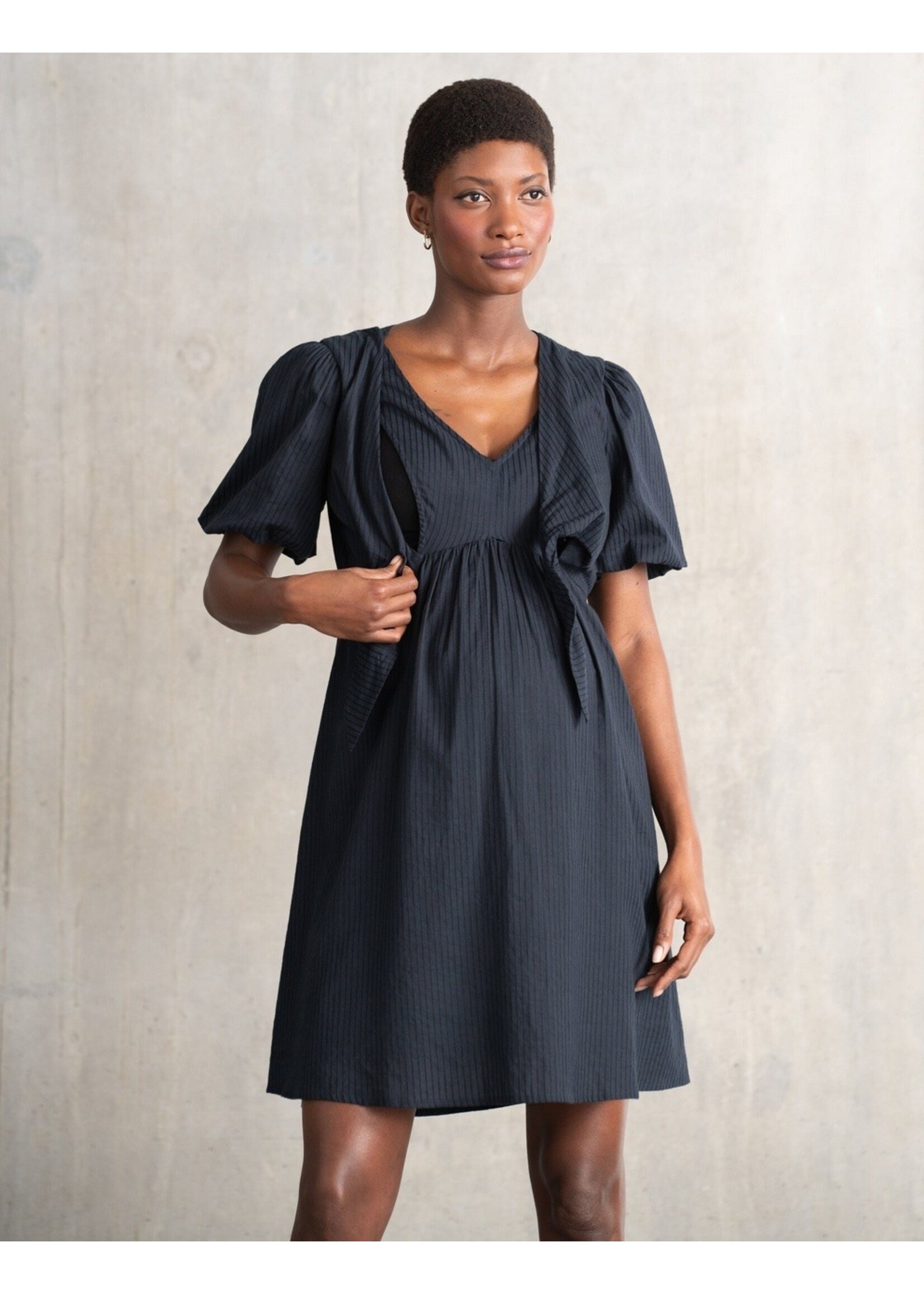 Seraphine Seraphine,  Aviana, Striped Bow Detail Textured Maternity & Nursing Dress || Navy