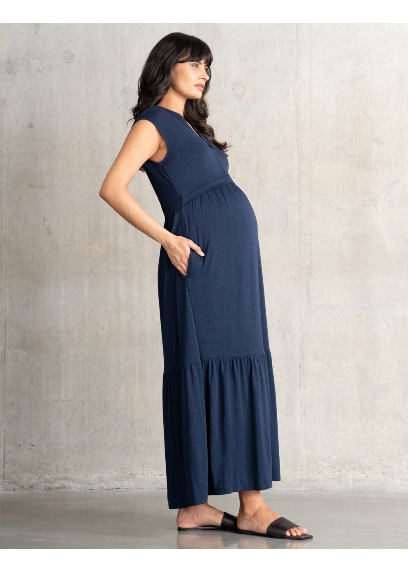 Seraphine Seraphine,  Drew, Notched Neck Jersey Maternity & Nursing Midi Dress || Navy