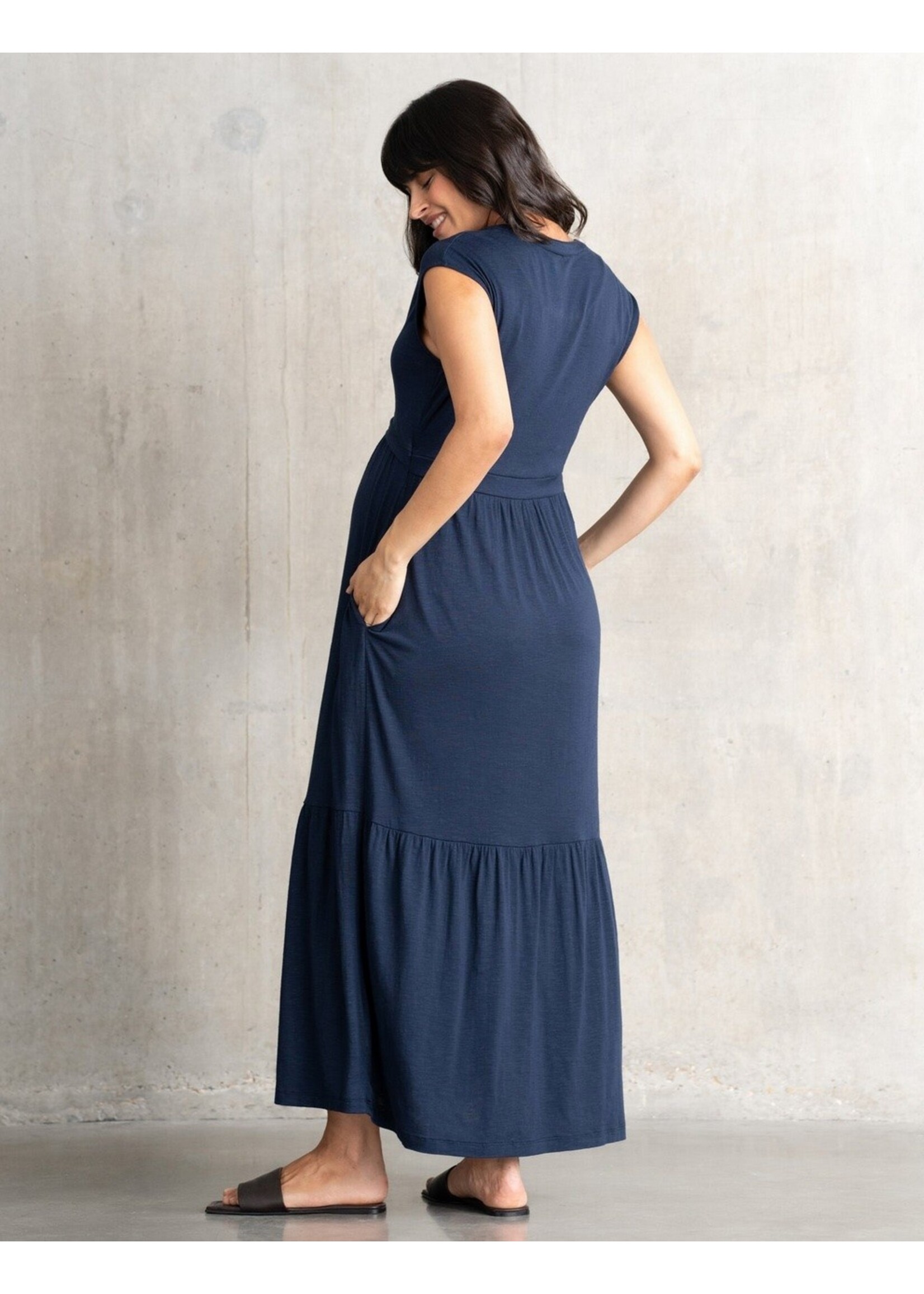 Seraphine Seraphine,  Drew, Notched Neck Jersey Maternity & Nursing Midi Dress || Navy