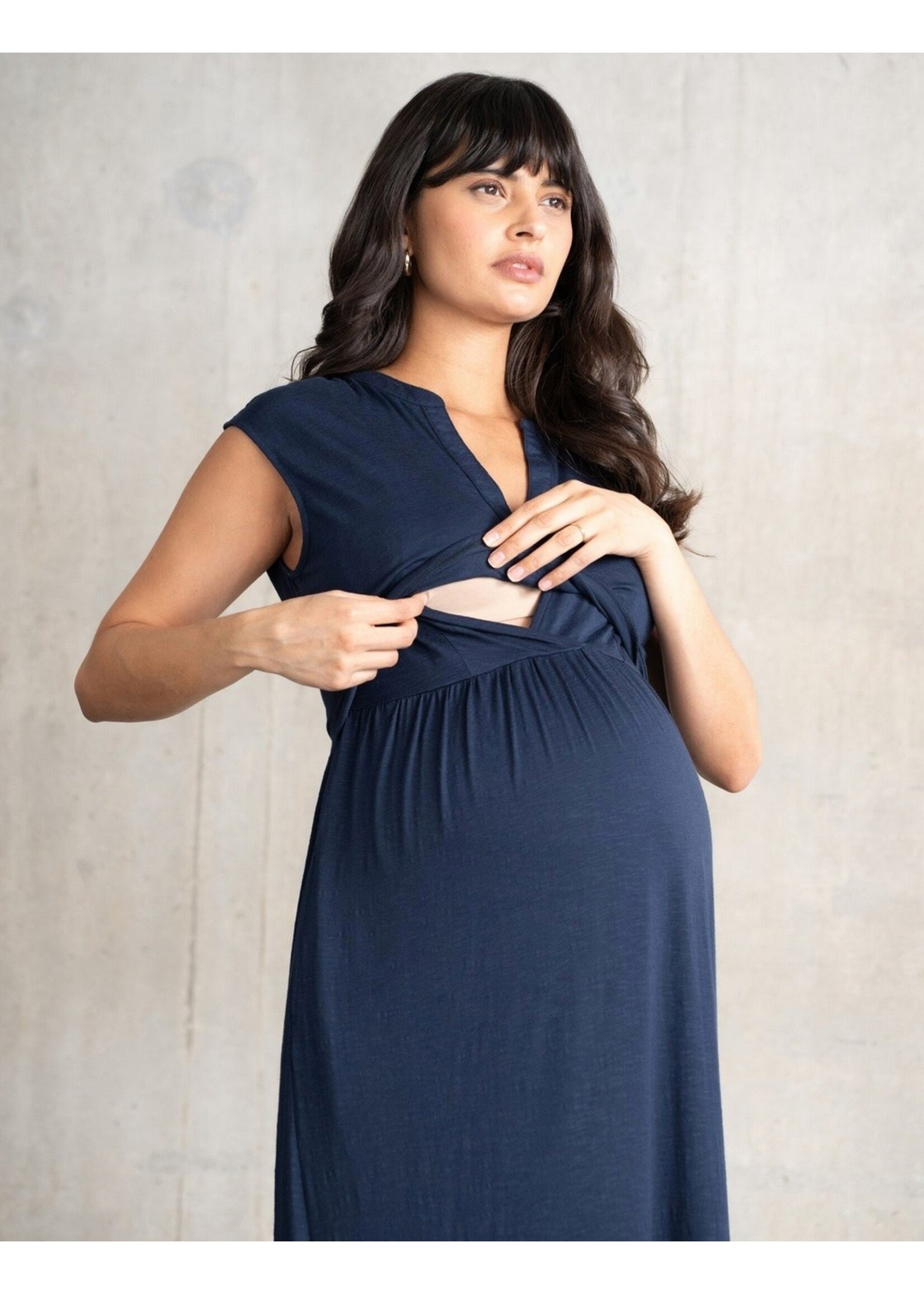 Seraphine Seraphine,  Drew, Notched Neck Jersey Maternity & Nursing Midi Dress || Navy