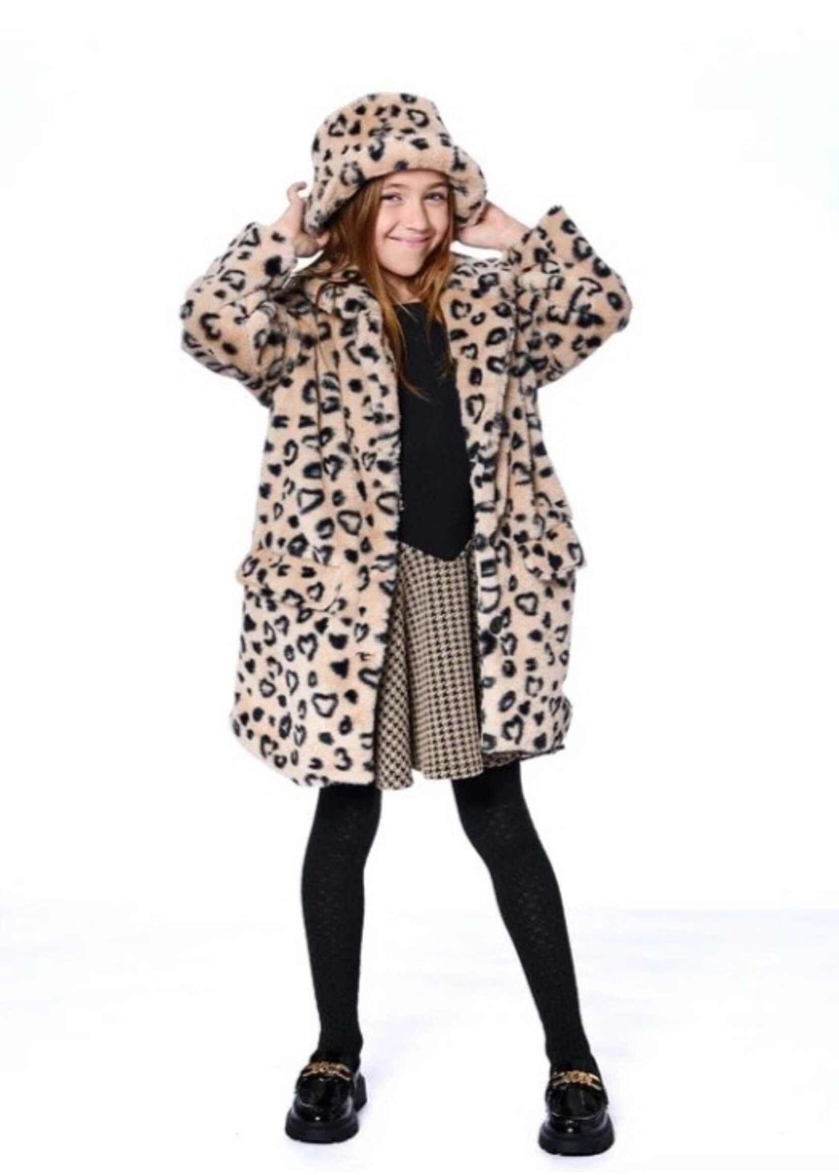 Deux Par Deux Deux Par Deux, Leopard Print Fake Fur Long Coat || Black And Beige
