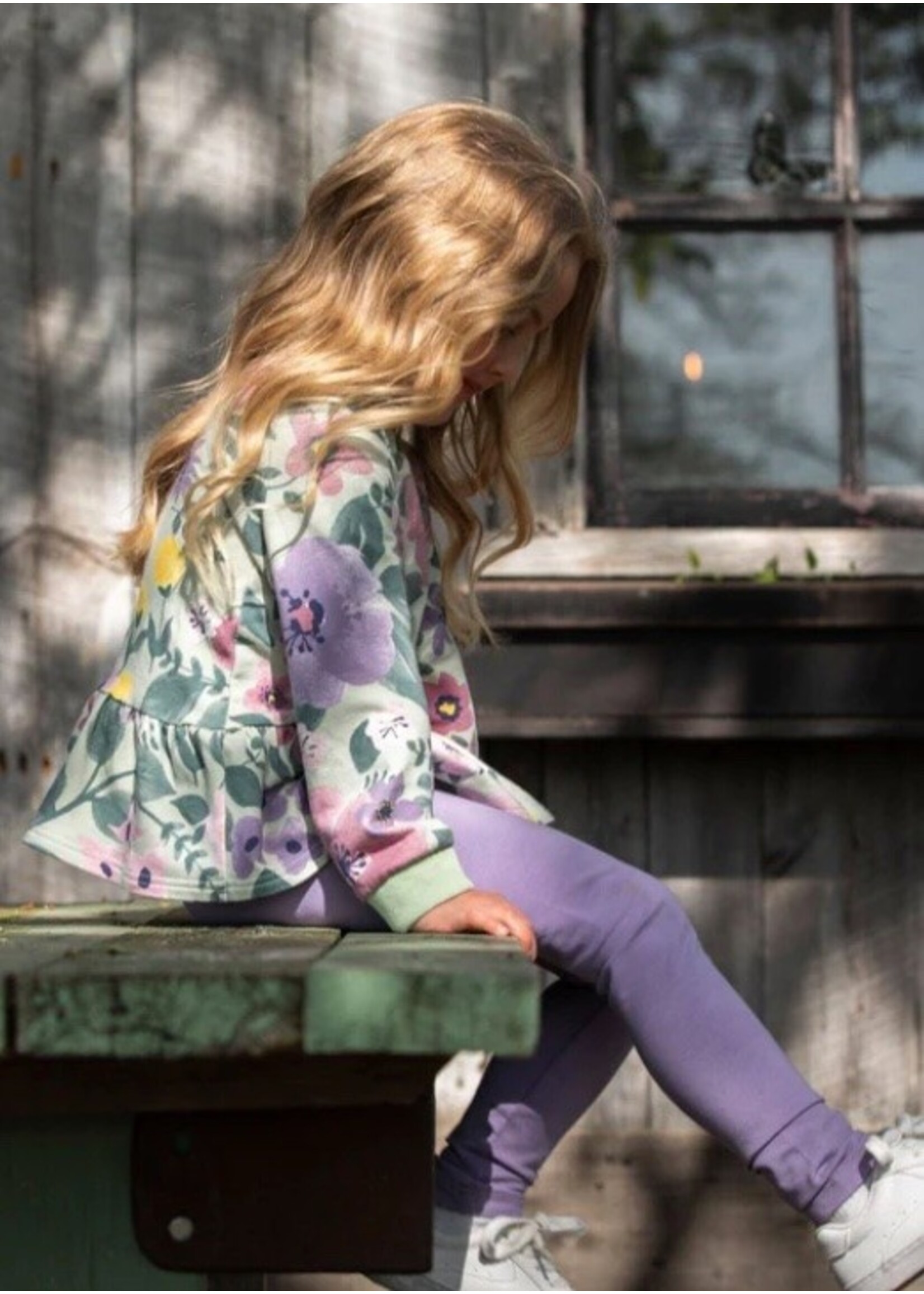 Deux Par Deux Deux Par Deux, Floral Detail Organic Cotton Jersey Leggings || Purple Gray
