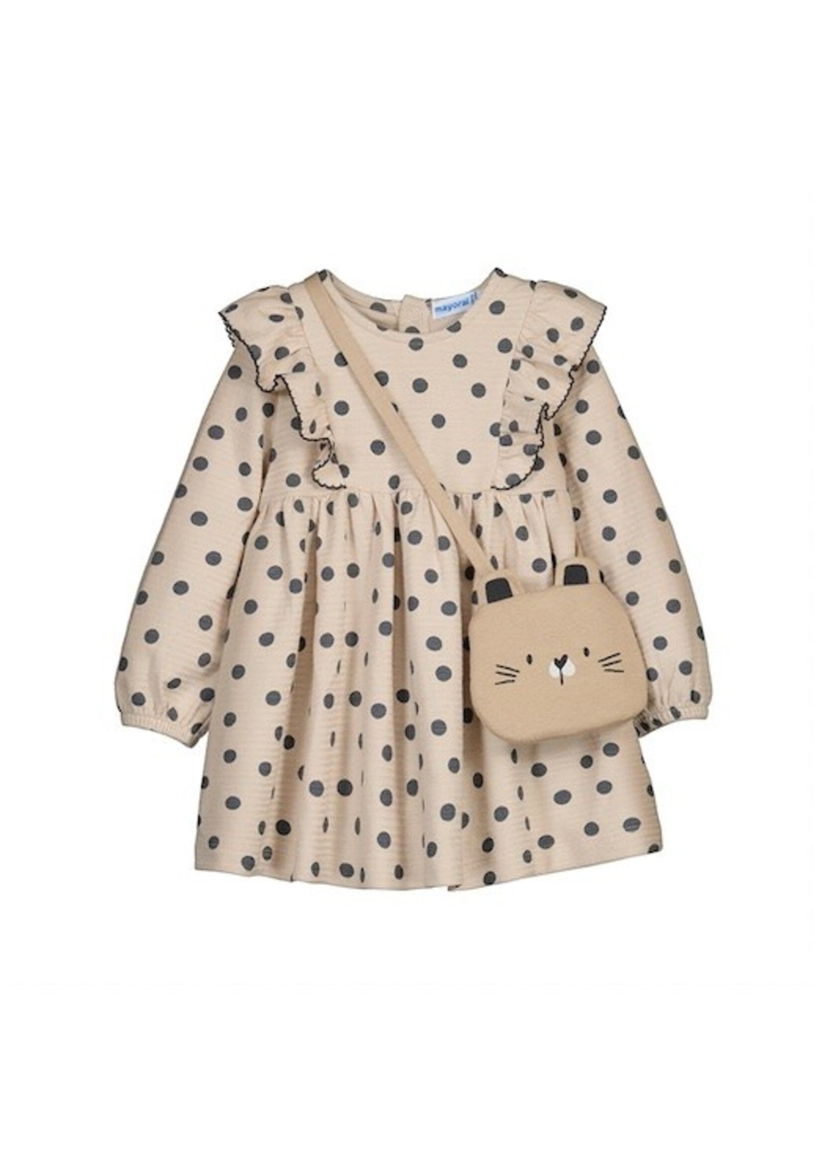 Mayoral Mayoral, Polka Dot Print Dress with Kitty Purse || Tapioca