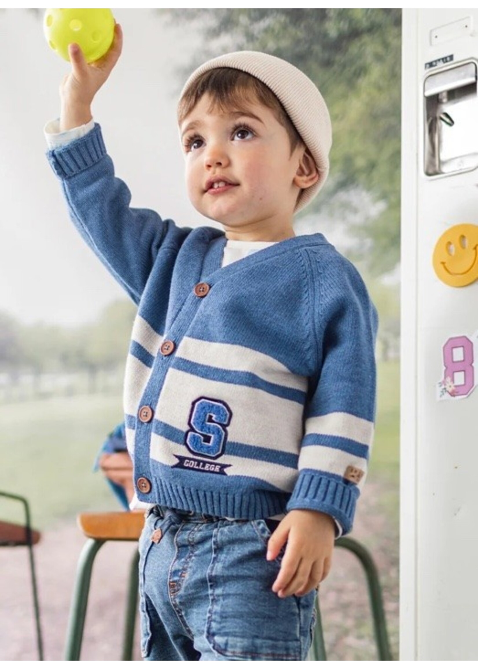 Souris Mini Souris Mini, Striped Knit Cardigan || Blue / Cream