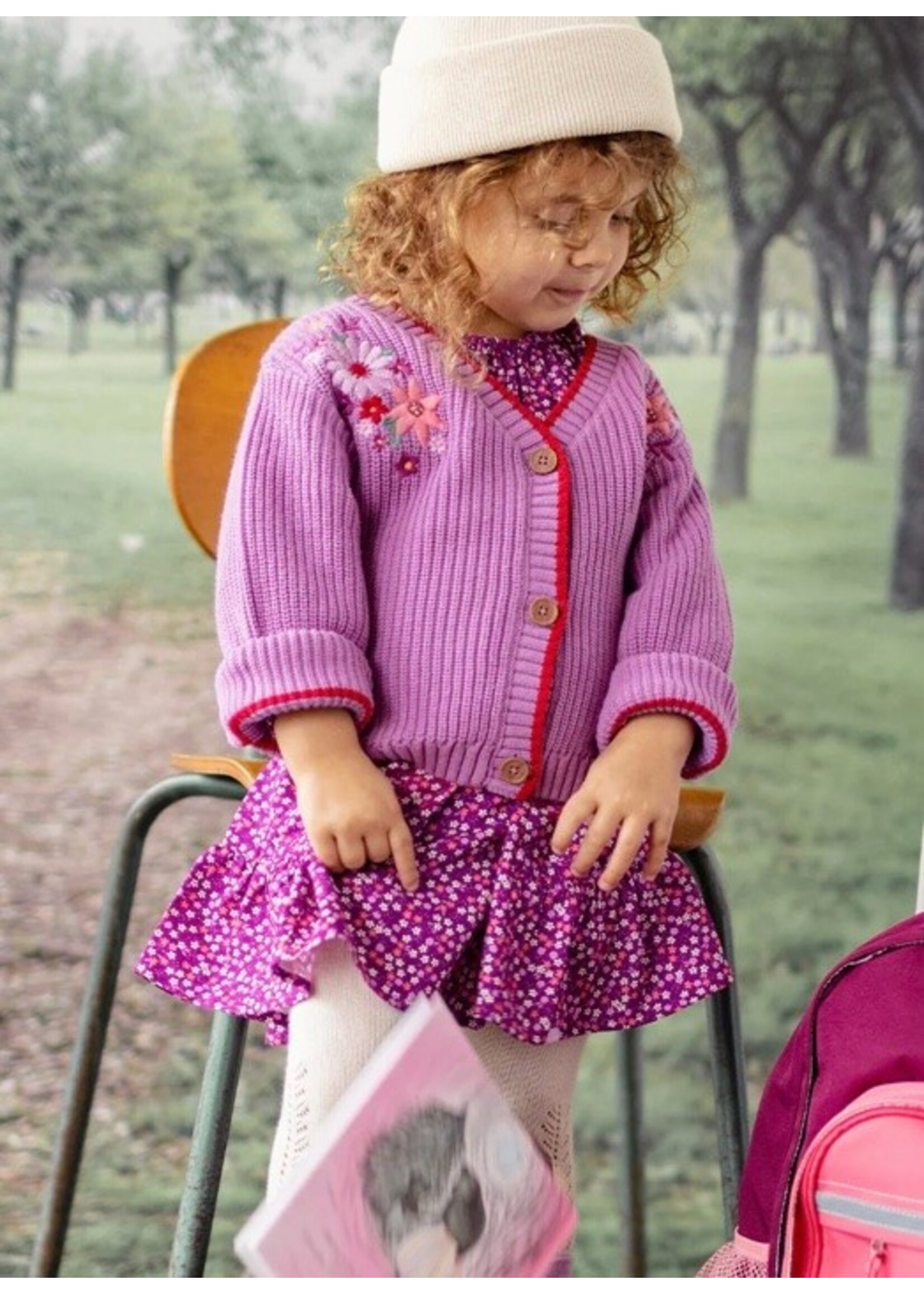 Souris Mini Souris Mini, Floral Embroidered Knit Cardigan || Purple