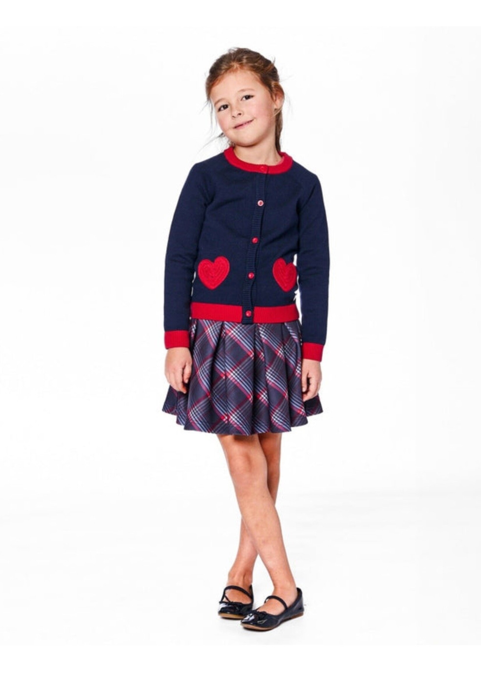 Deux Par Deux Deux Par Deux, Red Hearts Embroidered Knit Cardigan || Navy Blue