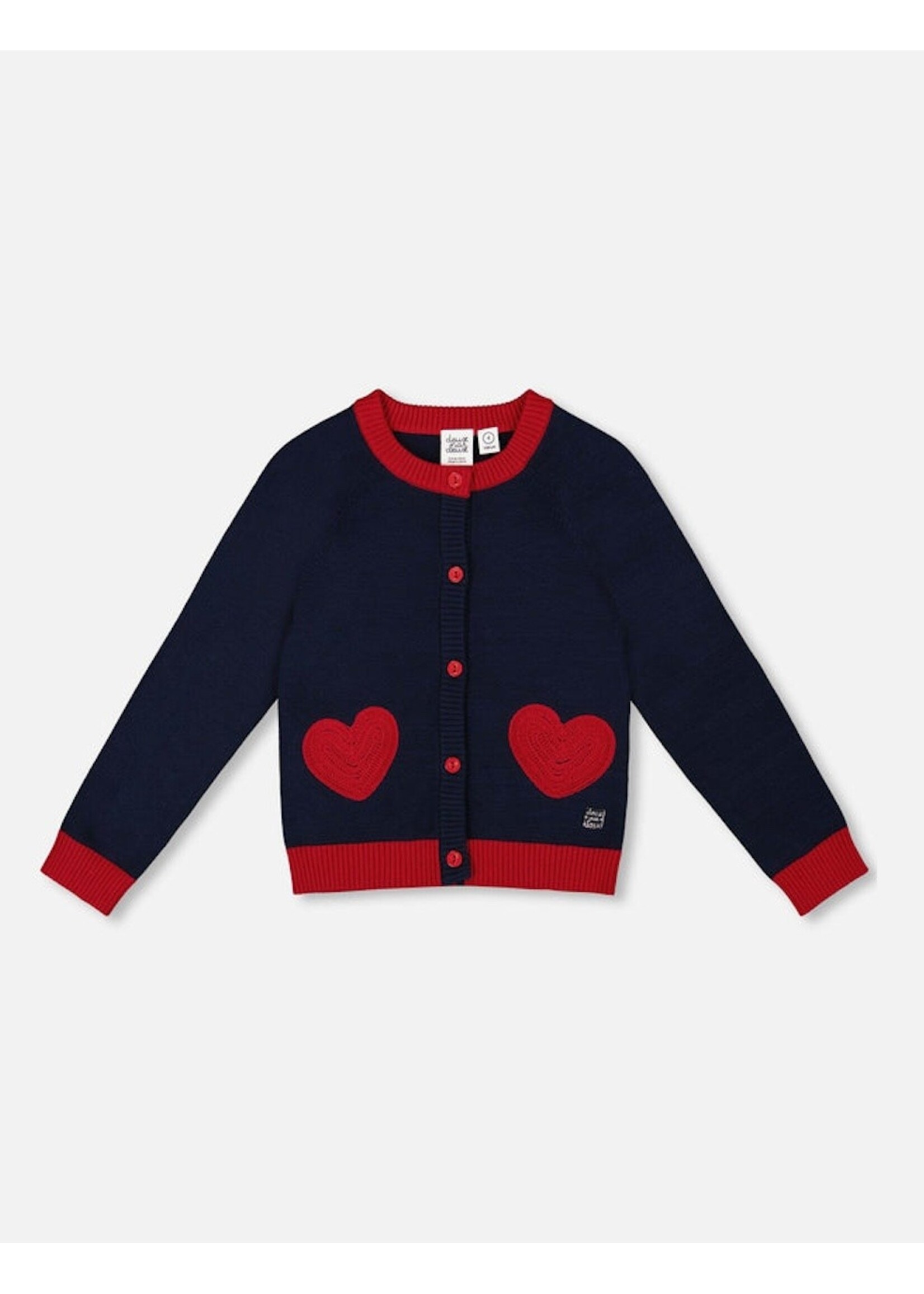Deux Par Deux Deux Par Deux, Red Hearts Embroidered Knit Cardigan || Navy Blue