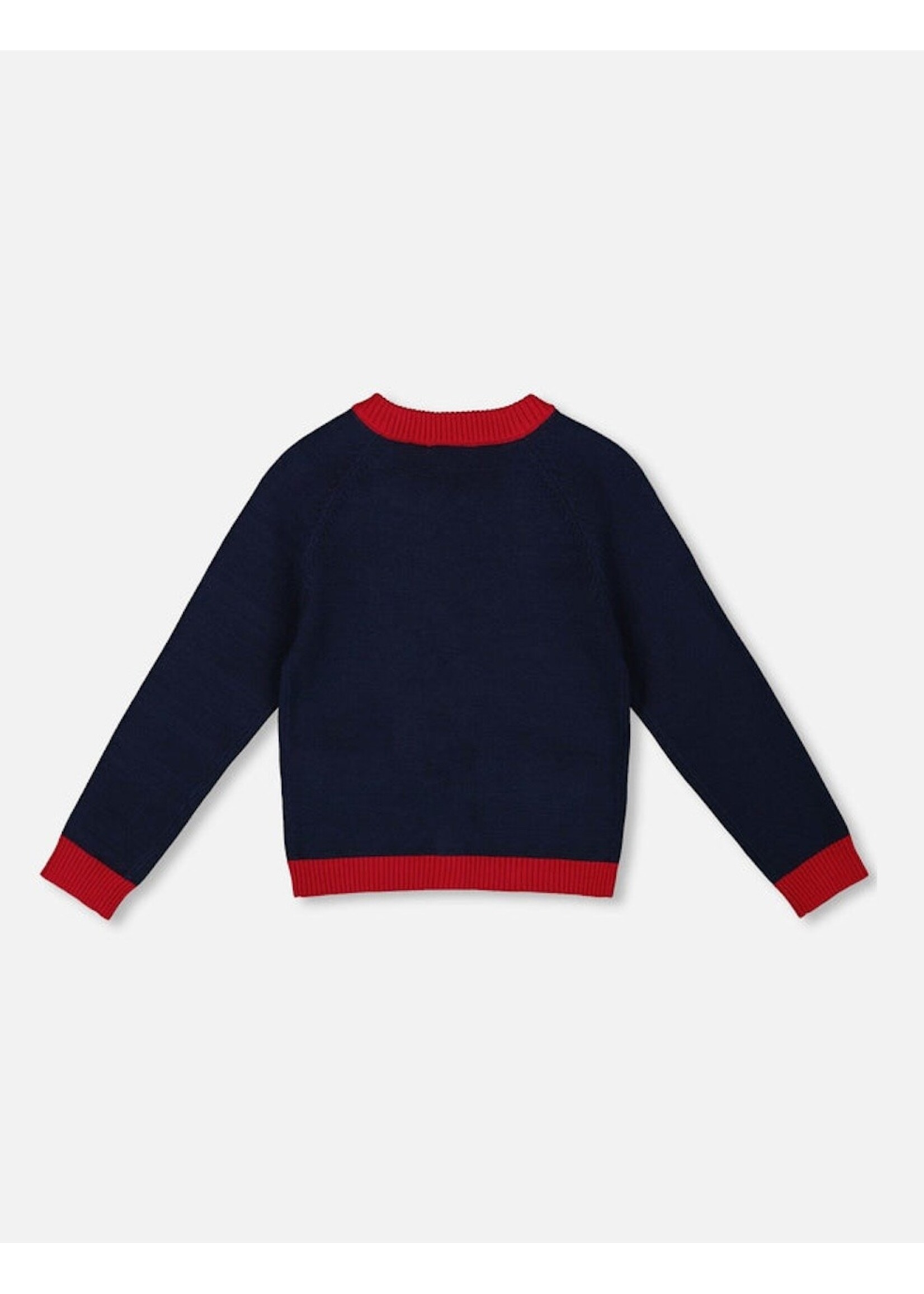 Deux Par Deux Deux Par Deux, Red Hearts Embroidered Knit Cardigan || Navy Blue