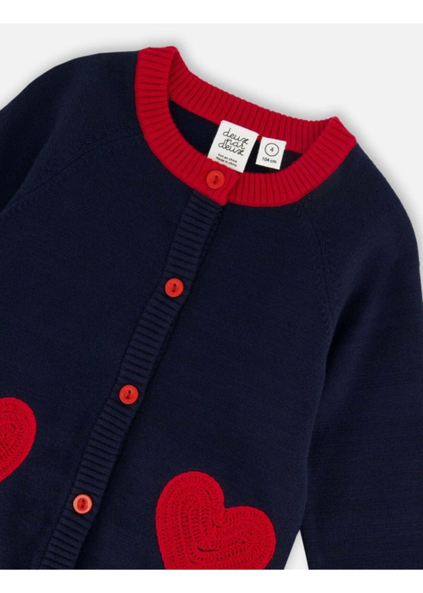 Deux Par Deux Deux Par Deux, Red Hearts Embroidered Knit Cardigan || Navy Blue