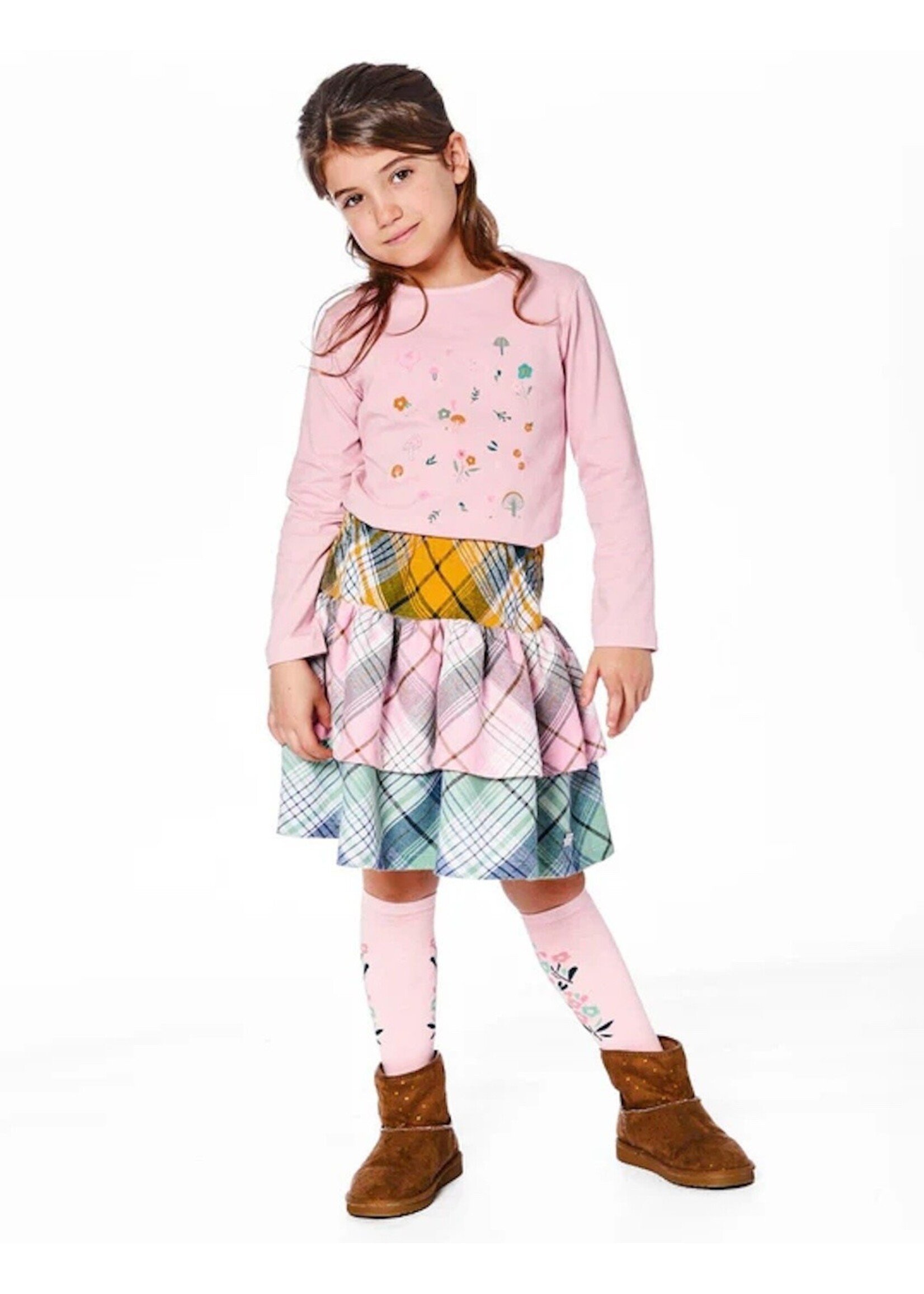 Deux Par Deux Deux Par Deux, Two-Tiered Flannel Skirt || Green Pink And Yellow