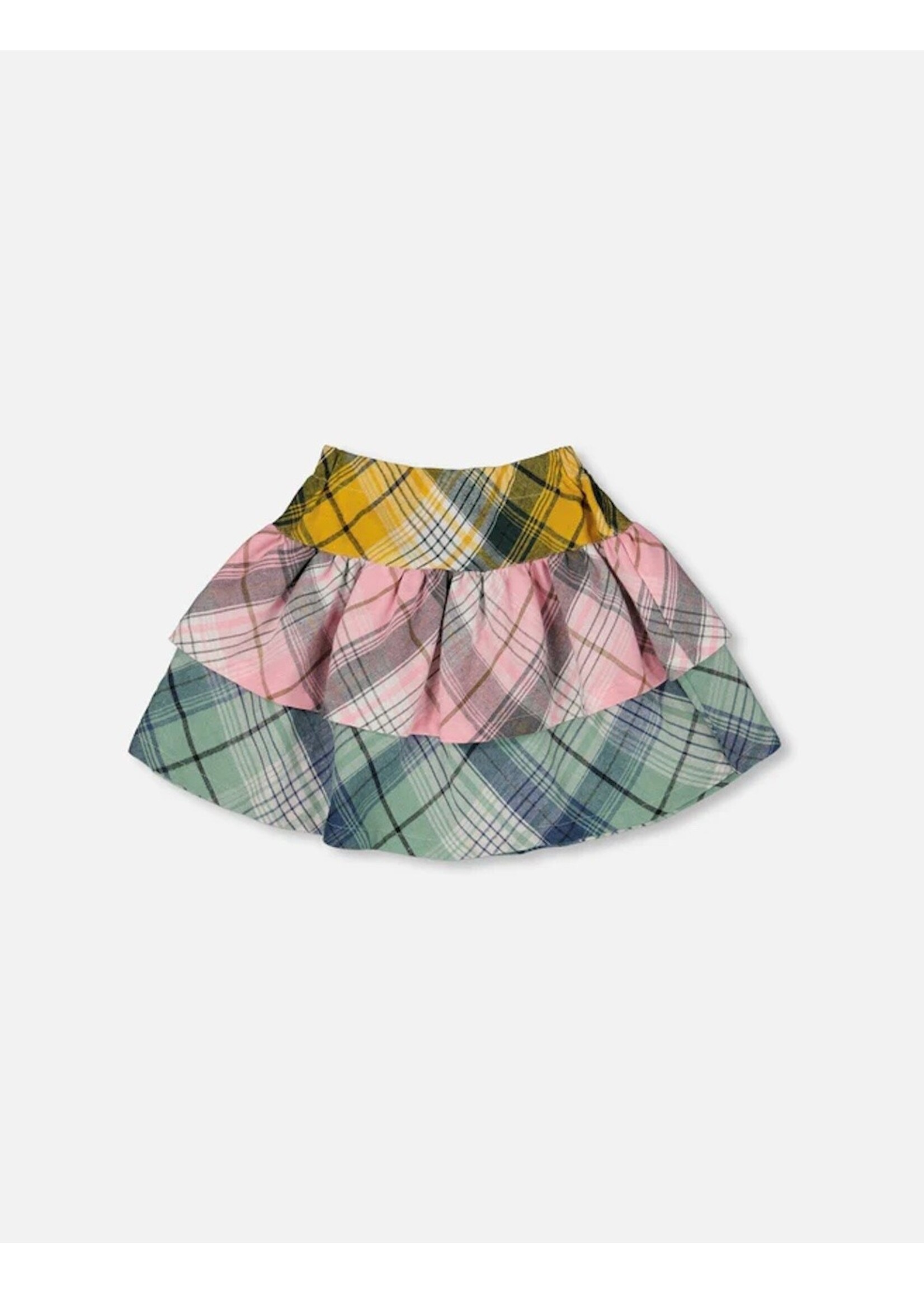 Deux Par Deux Deux Par Deux, Two-Tiered Flannel Skirt || Green Pink And Yellow