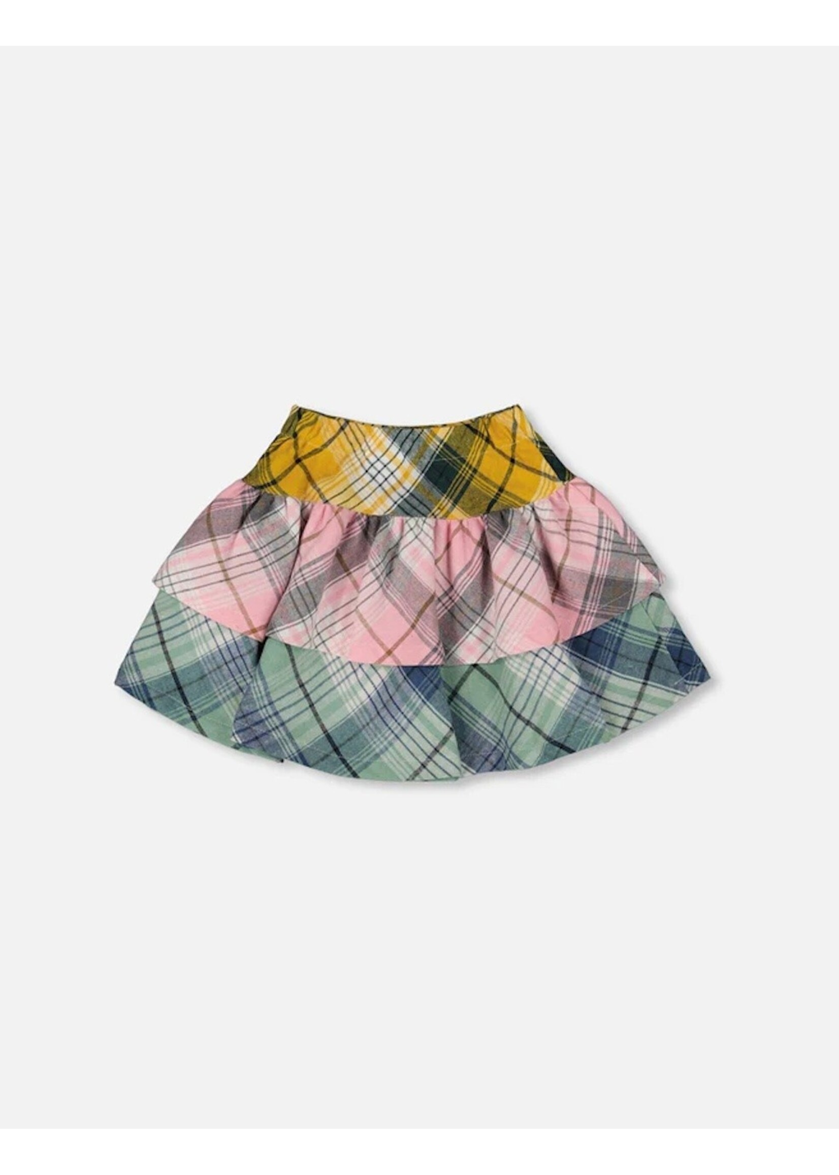 Deux Par Deux Deux Par Deux, Two-Tiered Flannel Skirt || Green Pink And Yellow