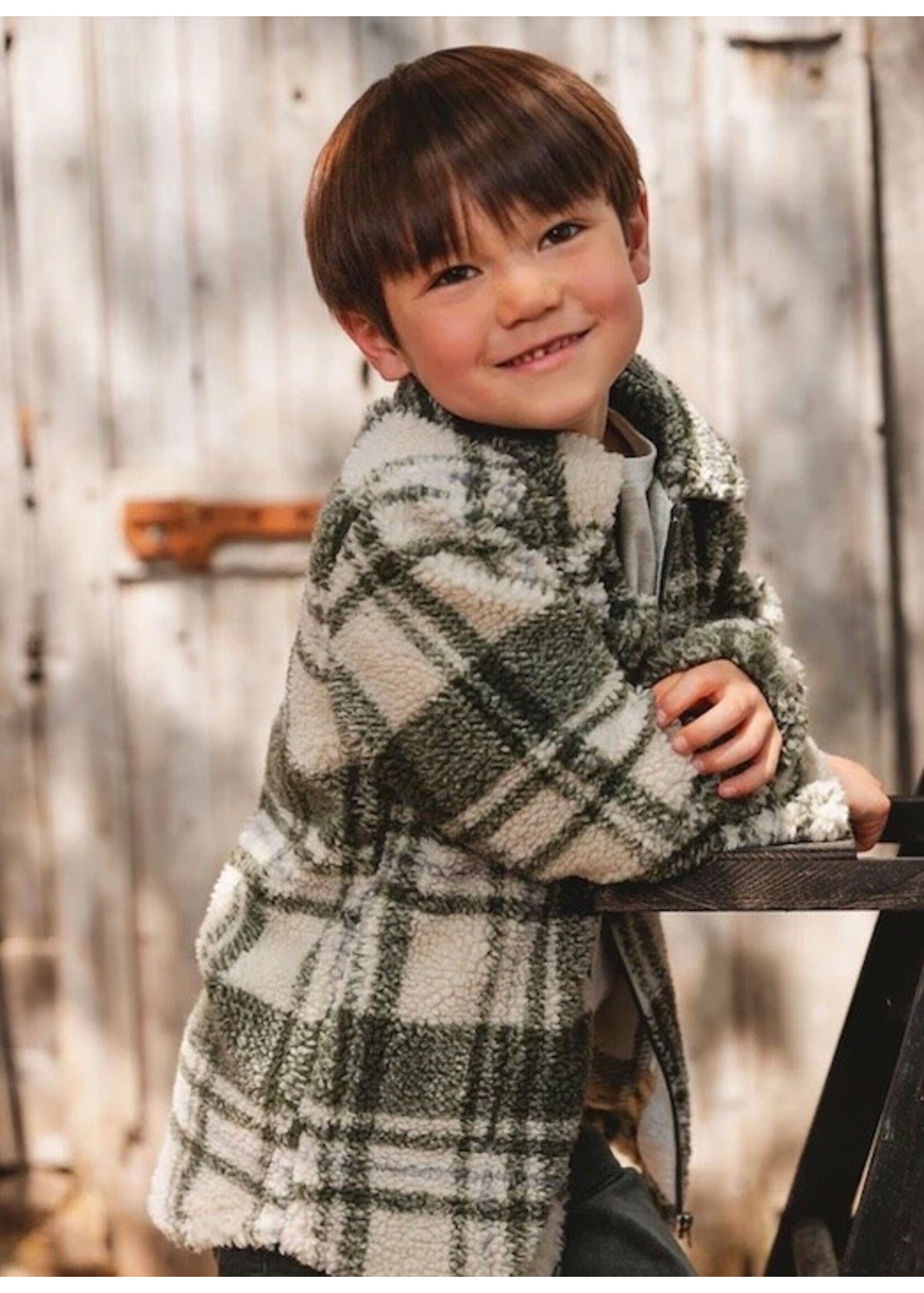 Deux Par Deux Deux Par Deux, Plaid Sherpa Long Sleeve Zip Front Overshirt || Sage And Beige