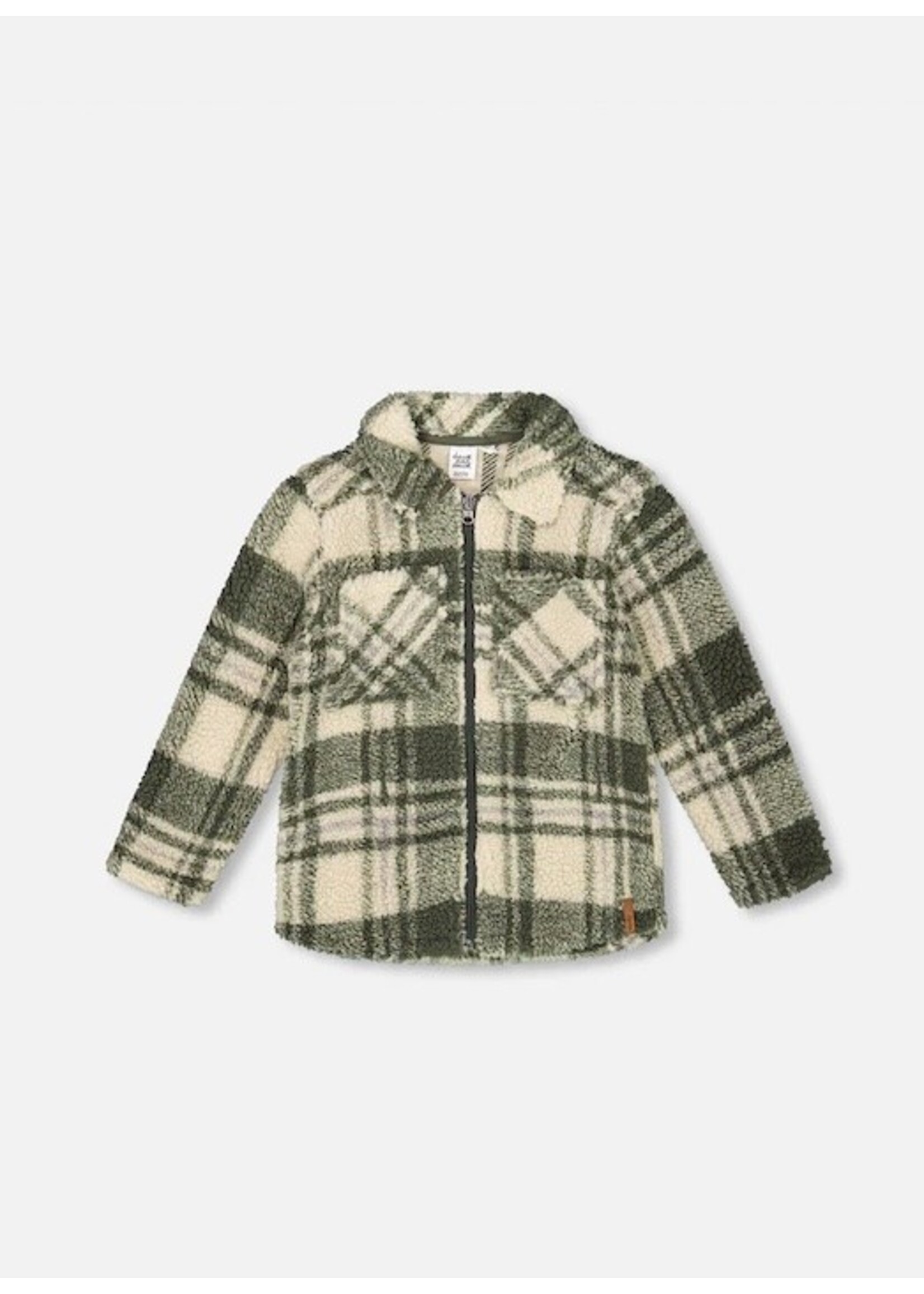 Deux Par Deux Deux Par Deux, Plaid Sherpa Long Sleeve Zip Front Overshirt || Sage And Beige