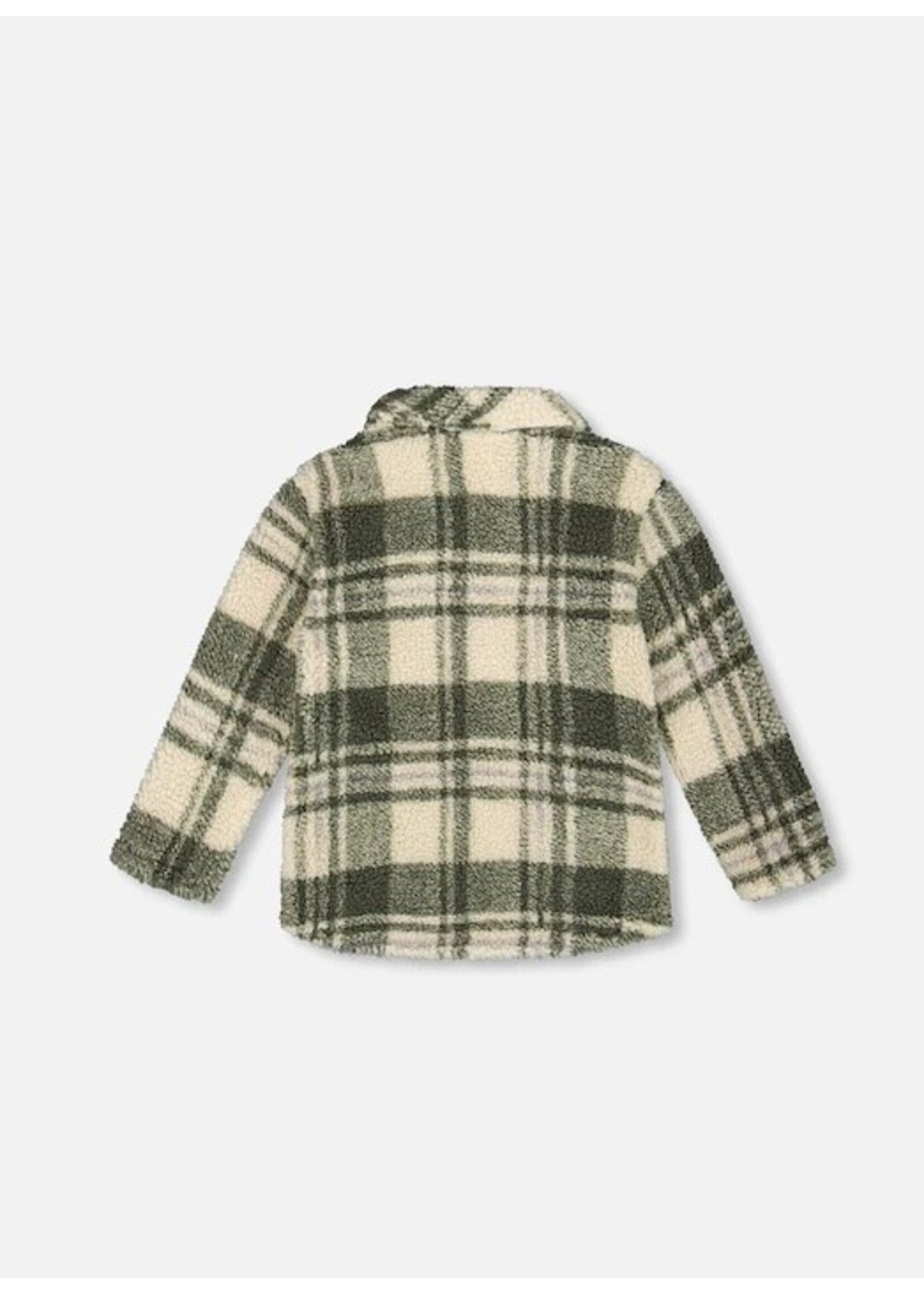 Deux Par Deux Deux Par Deux, Plaid Sherpa Long Sleeve Zip Front Overshirt || Sage And Beige